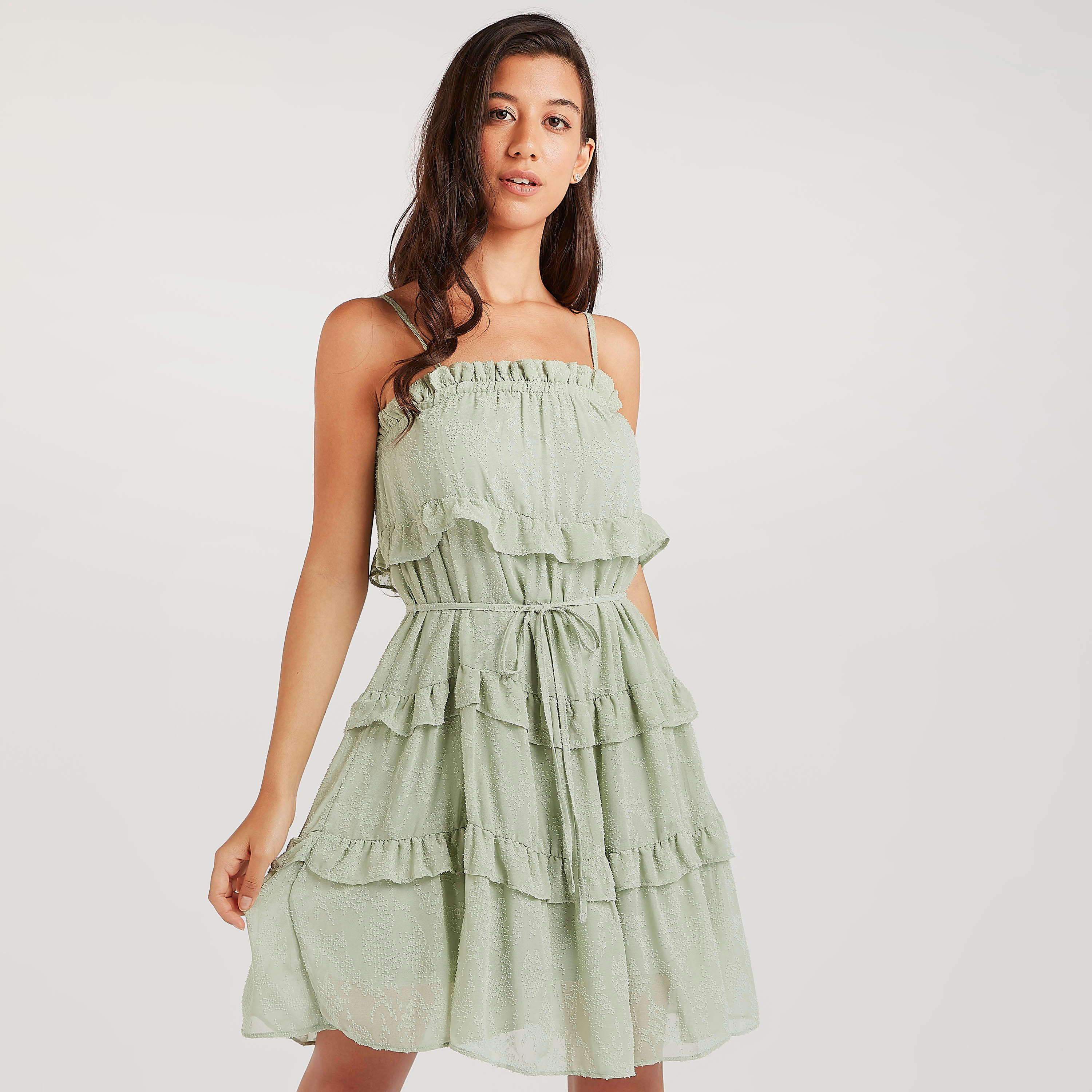 فستان إيه لاين قصير بارز الملمس بتفاصيل كشكشة وأحزمة قابلة للتّعديل-women-clothing-dresses-image-2