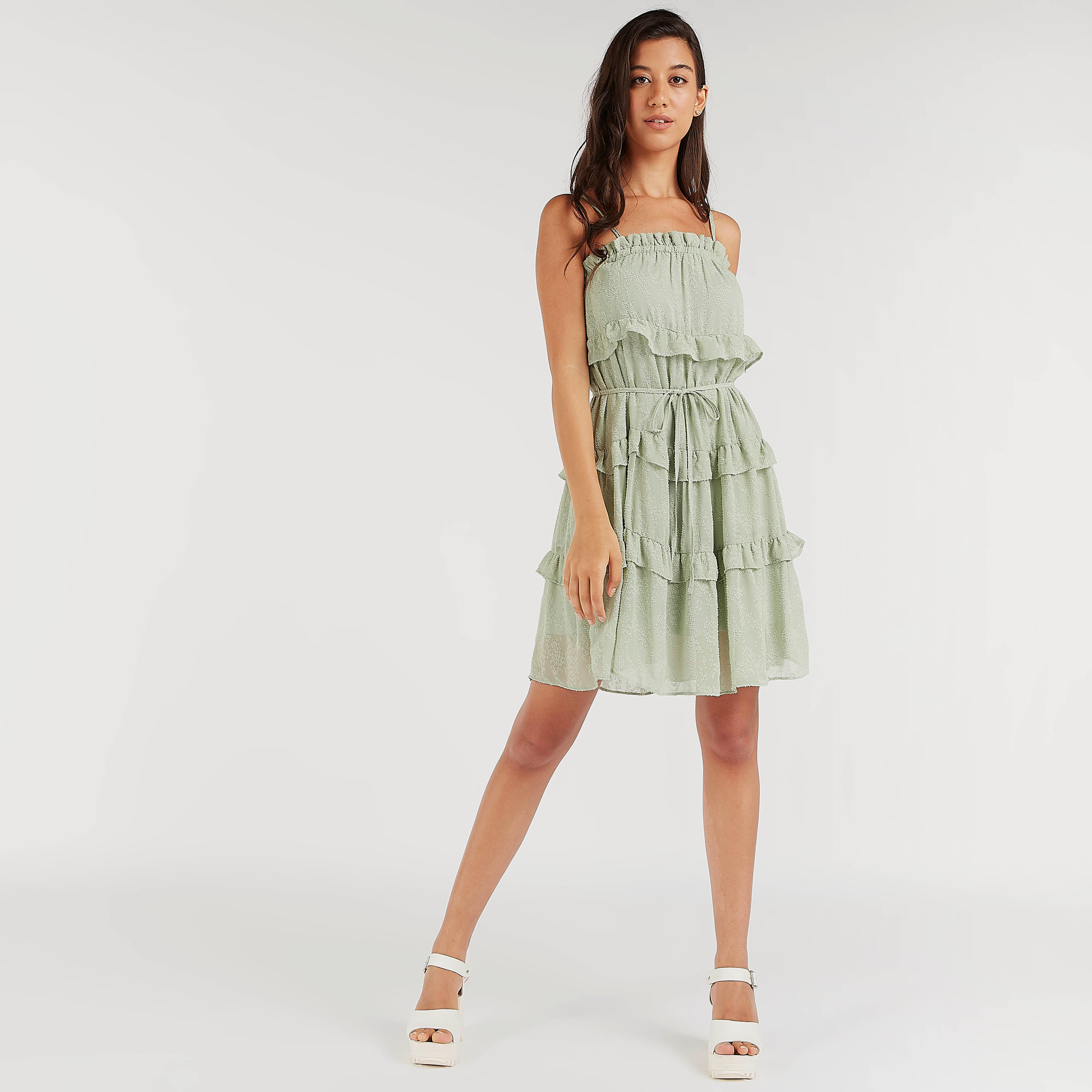 فستان إيه لاين قصير بارز الملمس بتفاصيل كشكشة وأحزمة قابلة للتّعديل-women-clothing-dresses-image-3