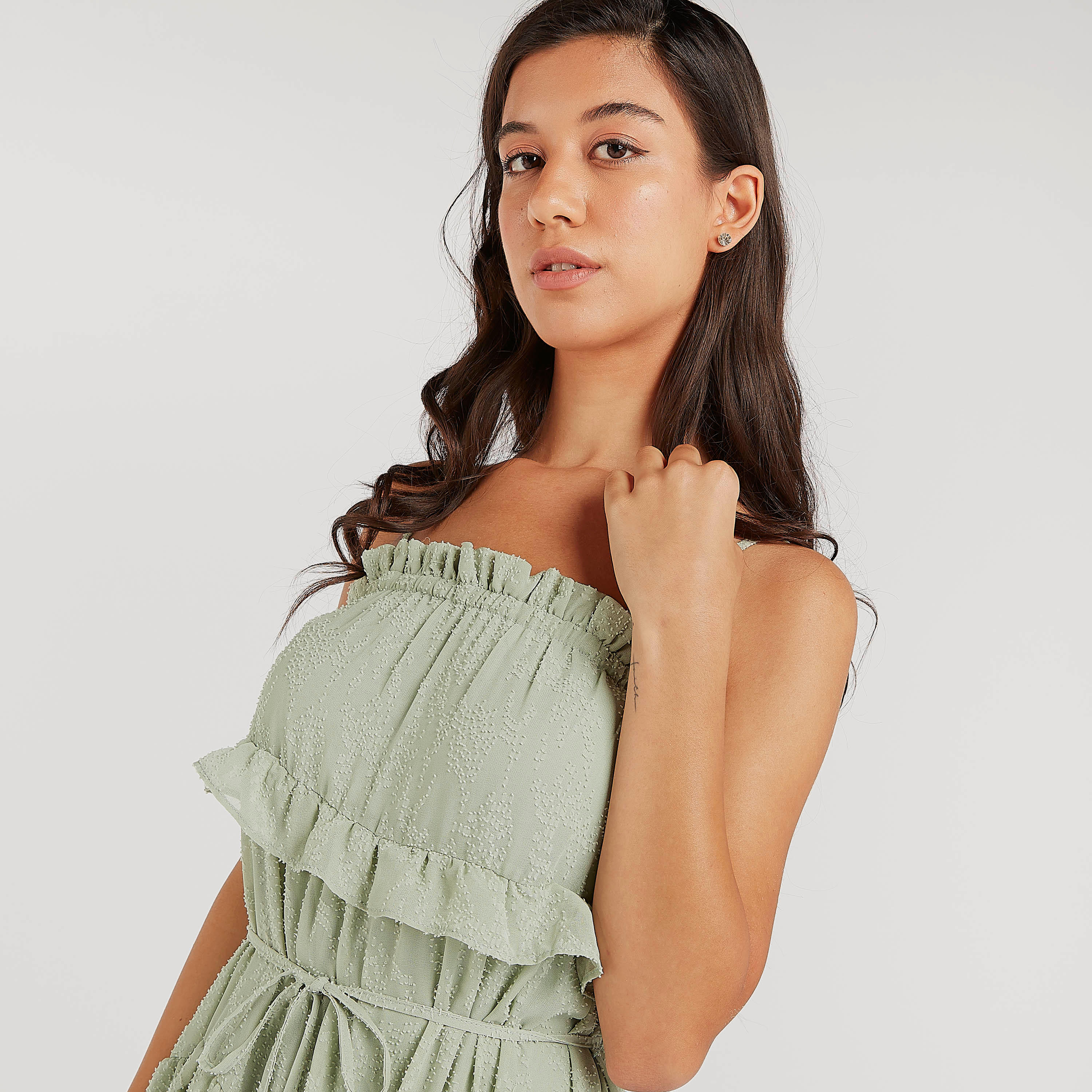 فستان إيه لاين قصير بارز الملمس بتفاصيل كشكشة وأحزمة قابلة للتّعديل-women-clothing-dresses-image-4
