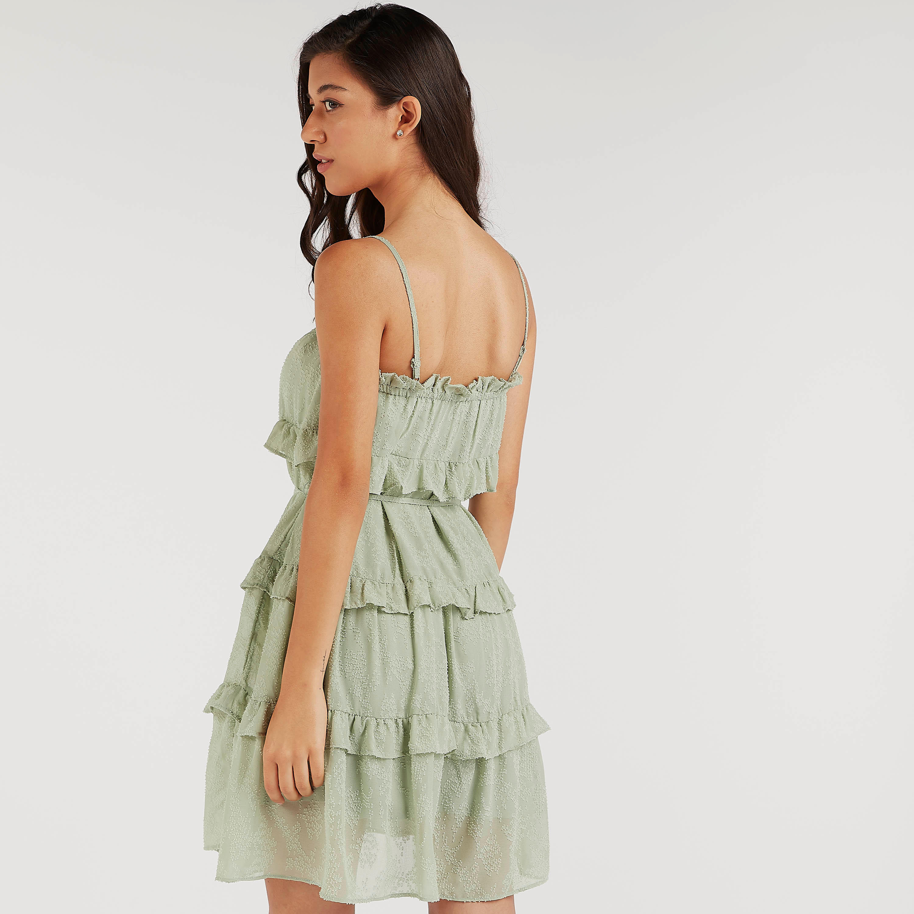 فستان إيه لاين قصير بارز الملمس بتفاصيل كشكشة وأحزمة قابلة للتّعديل-women-clothing-dresses-image-5