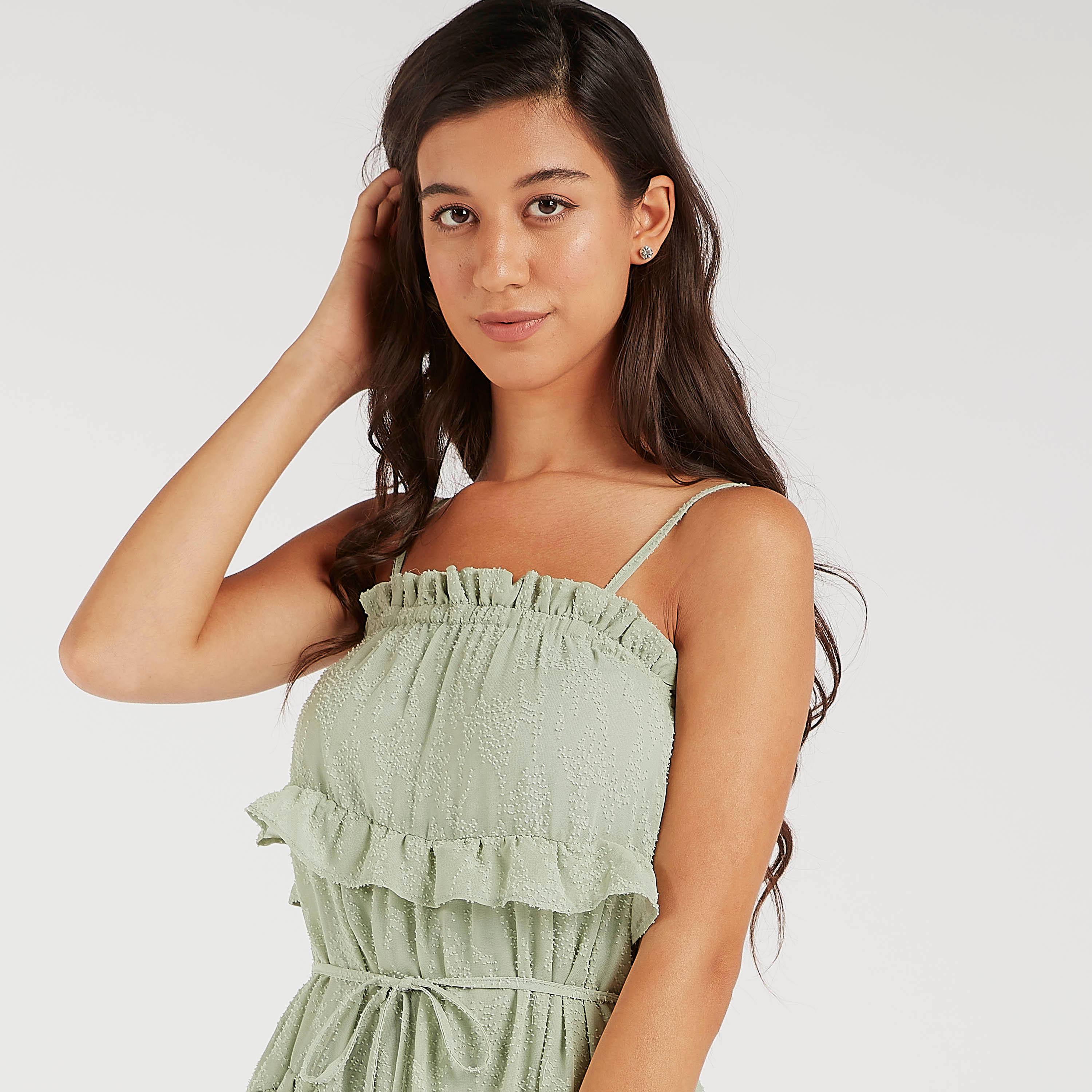 فستان إيه لاين قصير بارز الملمس بتفاصيل كشكشة وأحزمة قابلة للتّعديل-women-clothing-dresses-image-7