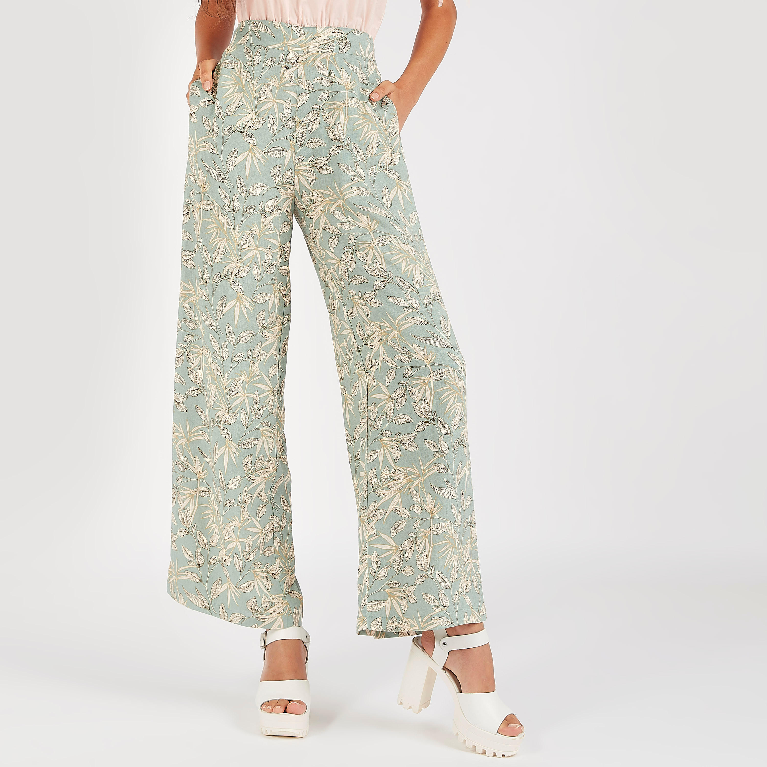 بنطلون بالازو بخصر متوسط الارتفاع وطبعات استوائية وجيوب-women-clothing-bottoms-trousers-image-4