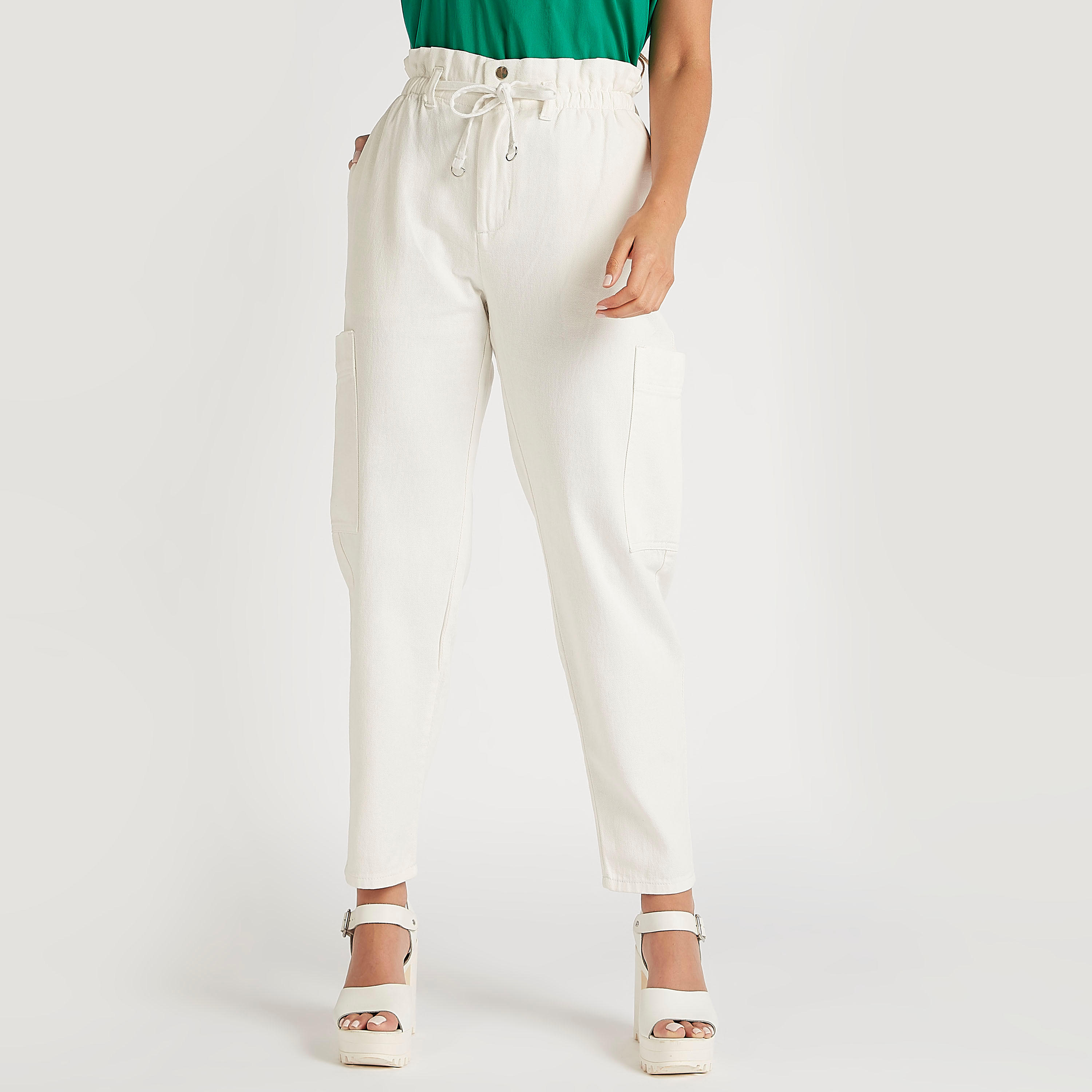Solid Mid-Rise Denim Pants with Drawstring Closure and Paperbag Waist-women-clothing-bottoms-trousers-image-1