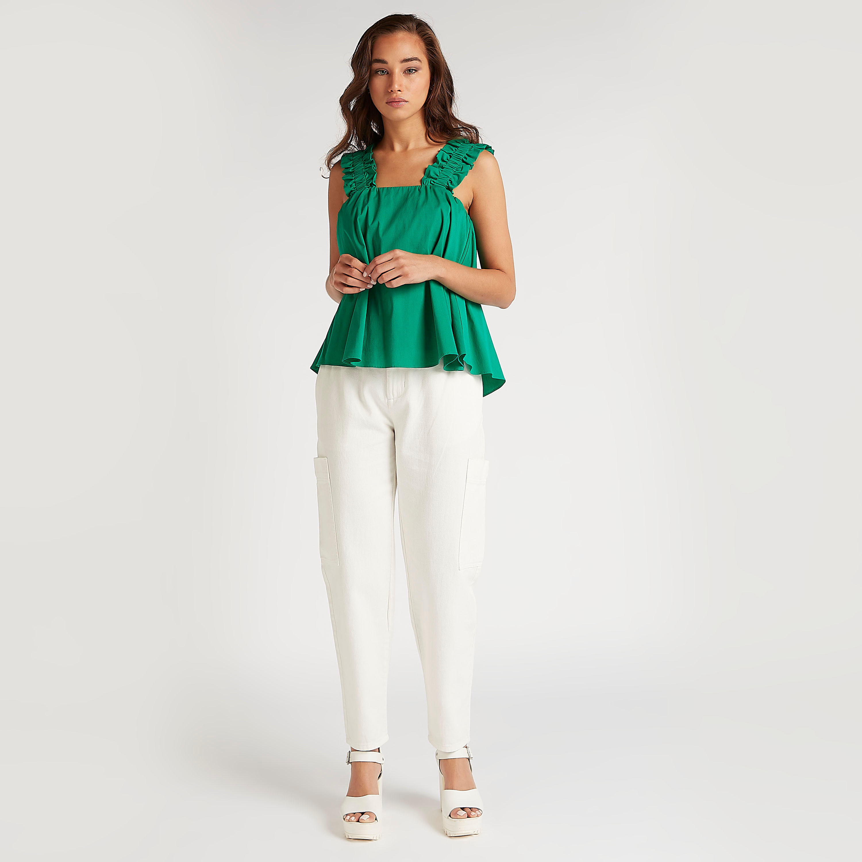 Solid Mid-Rise Denim Pants with Drawstring Closure and Paperbag Waist-women-clothing-bottoms-trousers-image-2