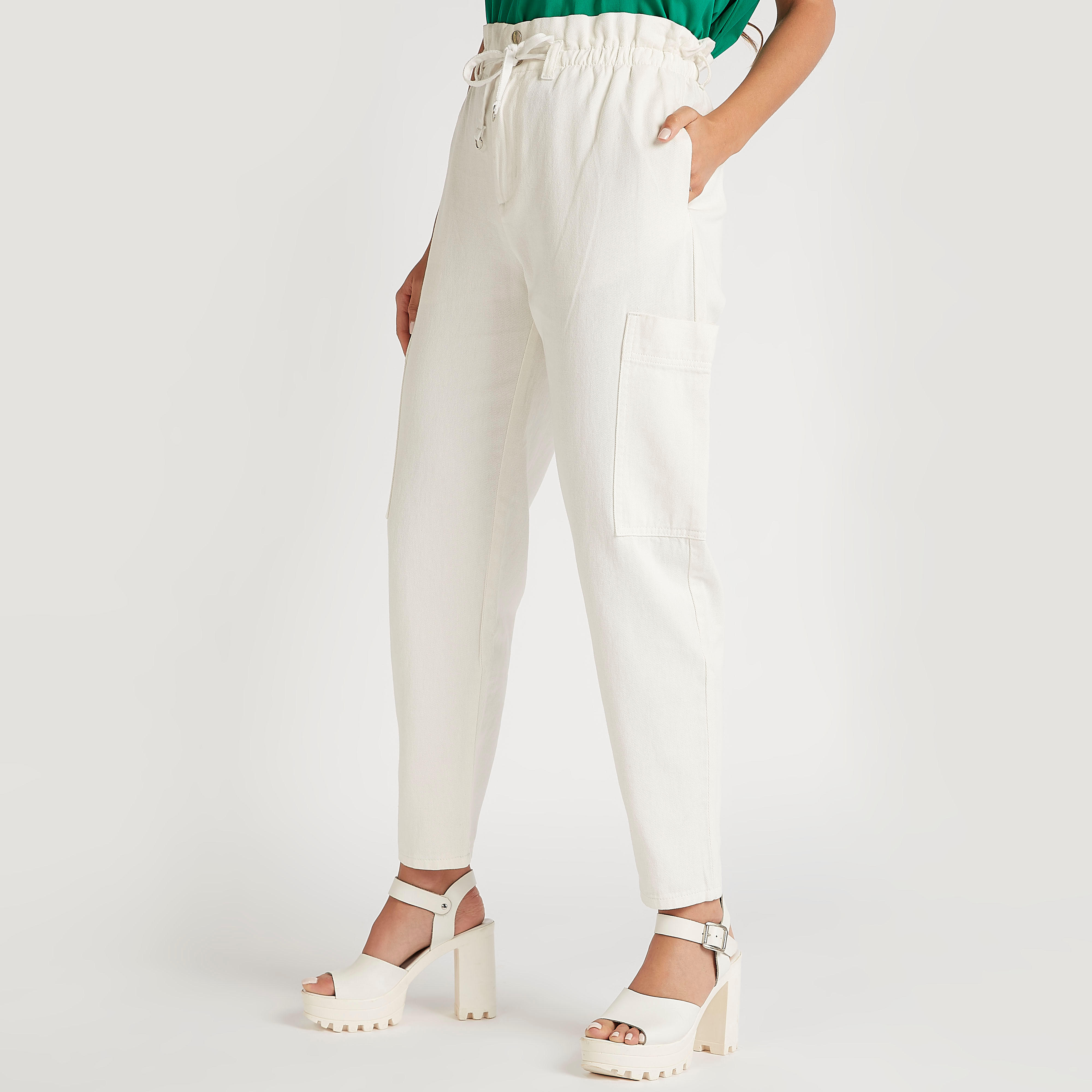 Solid Mid-Rise Denim Pants with Drawstring Closure and Paperbag Waist-women-clothing-bottoms-trousers-image-5
