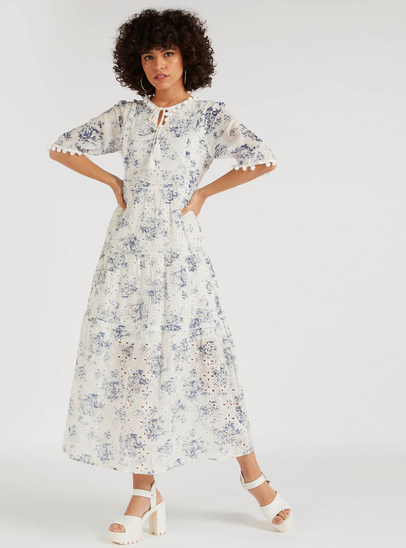 فستان إيه لاين طويل مطرّز بكشكشة وتفاصيل دانتيل بوم بوم من آيكونيك-women-clothing-dresses-image-1