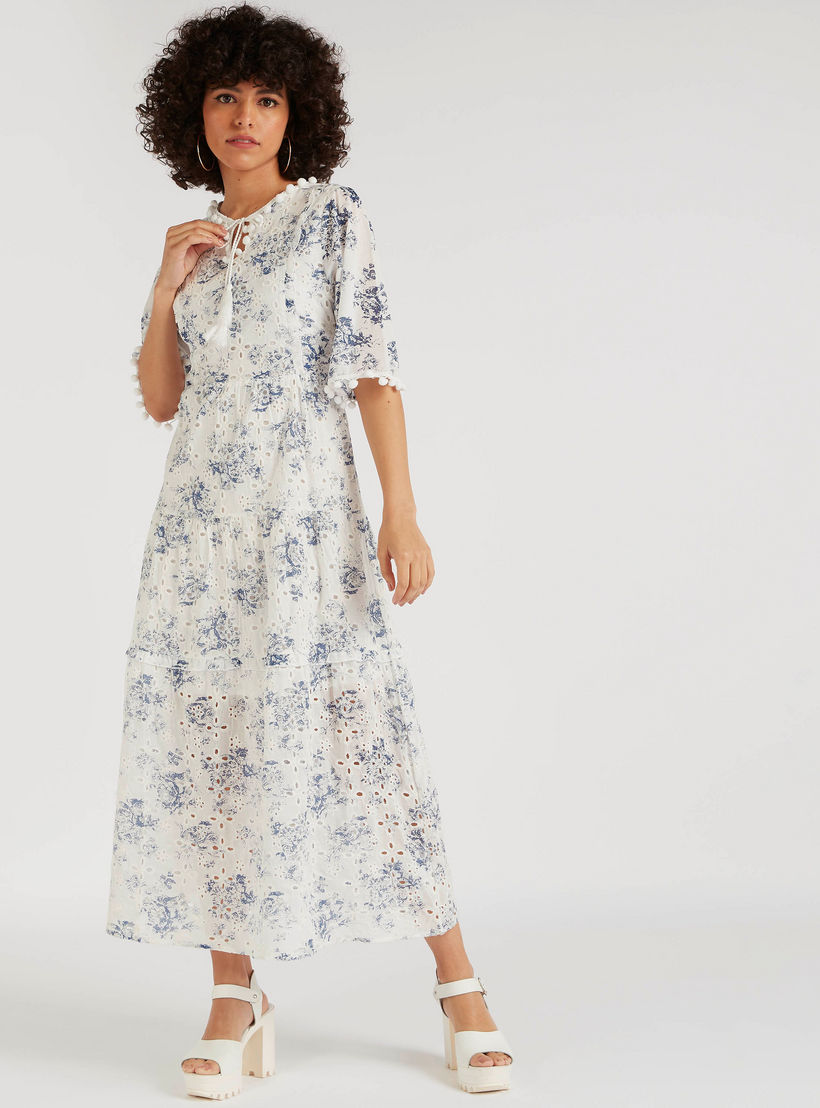 فستان إيه لاين طويل مطرّز بكشكشة وتفاصيل دانتيل بوم بوم من آيكونيك-women-clothing-dresses-image-2
