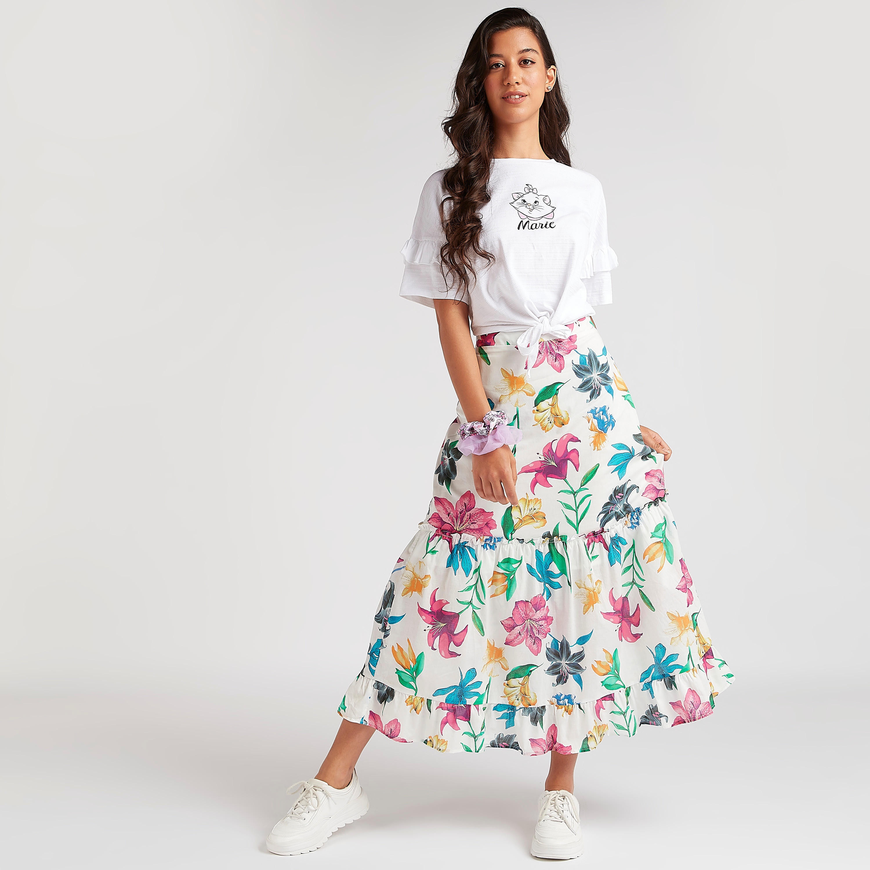 تنورة ميدي إيه لاين متعددة الطبقات وطبعات زهور وخصر نصف مطاطي-women-clothing-bottoms-skirts-image-2