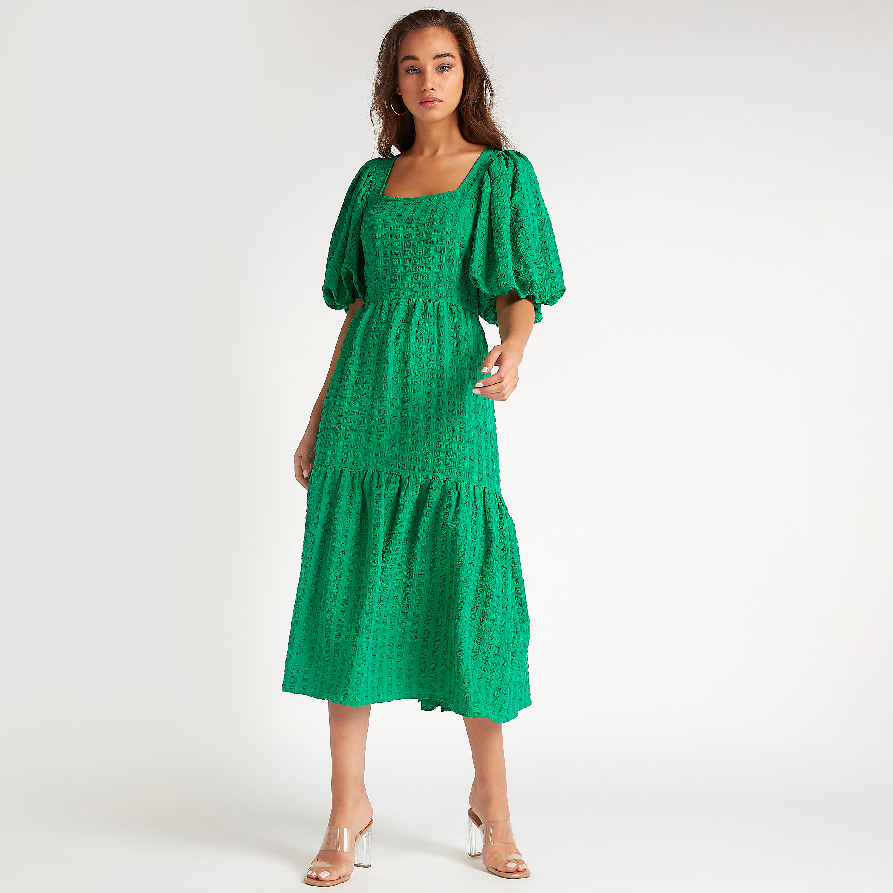 فستان بارز الملمس بأكمام منفوخة وأربطة خلفية-women-clothing-dresses-image-1