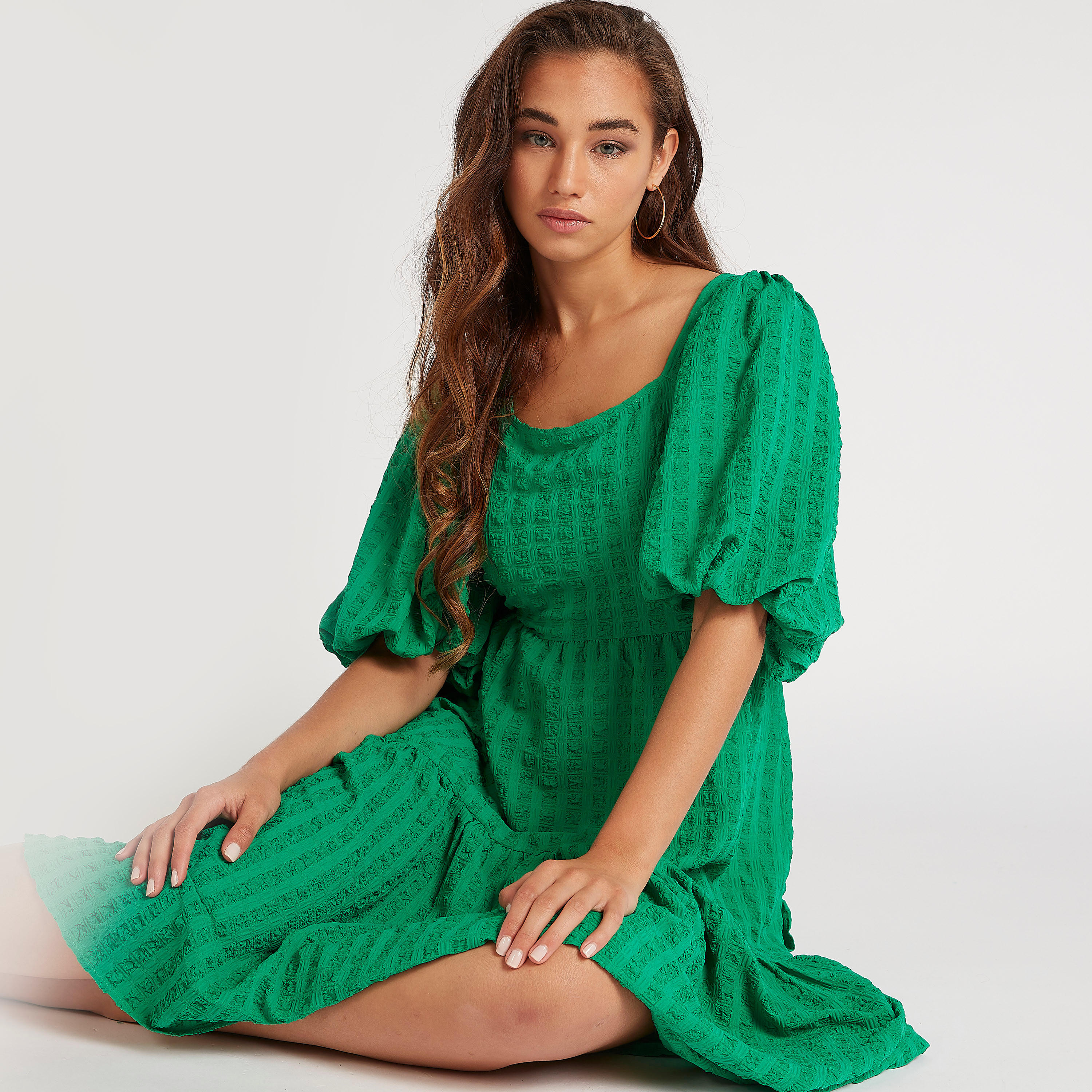 فستان بارز الملمس بأكمام منفوخة وأربطة خلفية-women-clothing-dresses-image-2