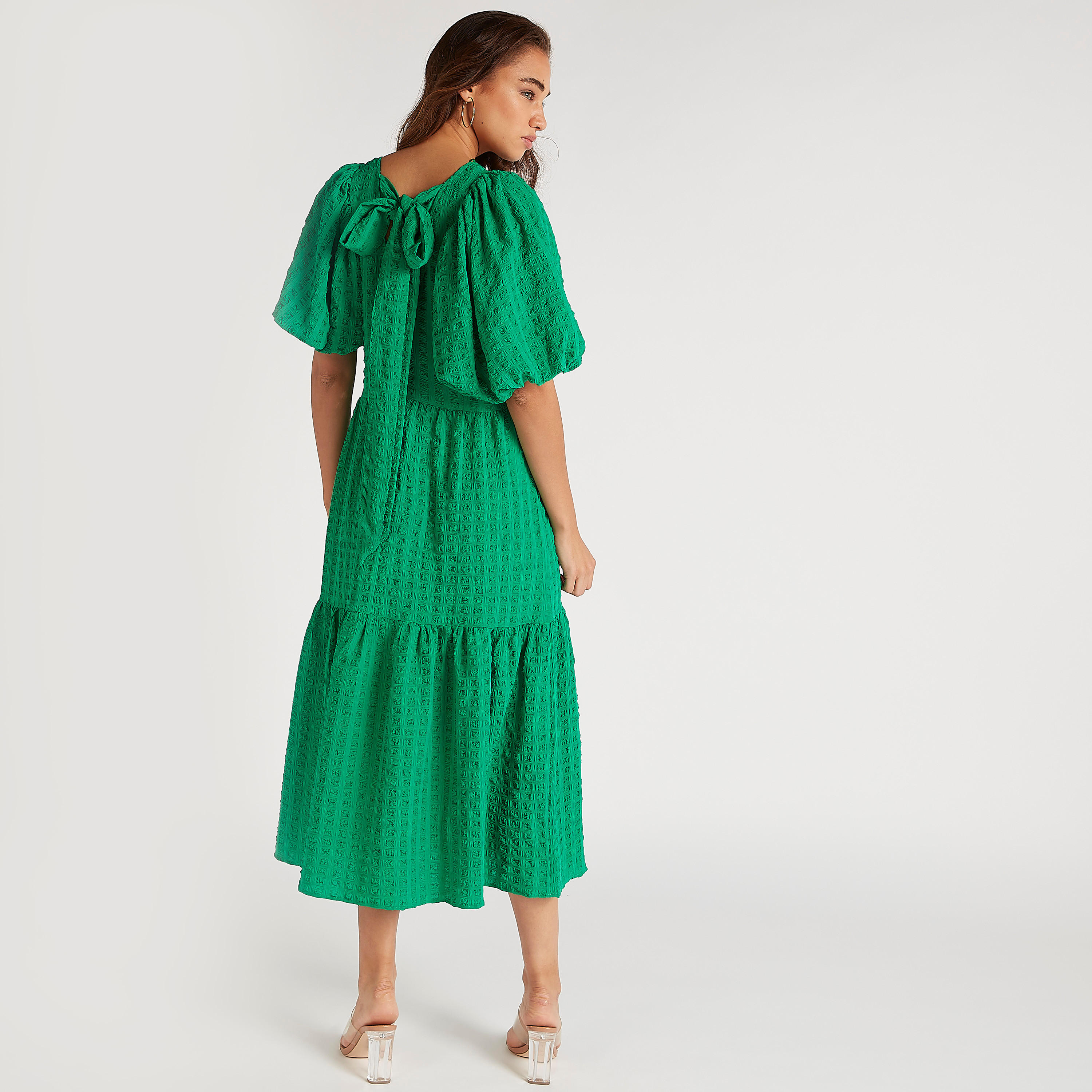فستان بارز الملمس بأكمام منفوخة وأربطة خلفية-women-clothing-dresses-image-3