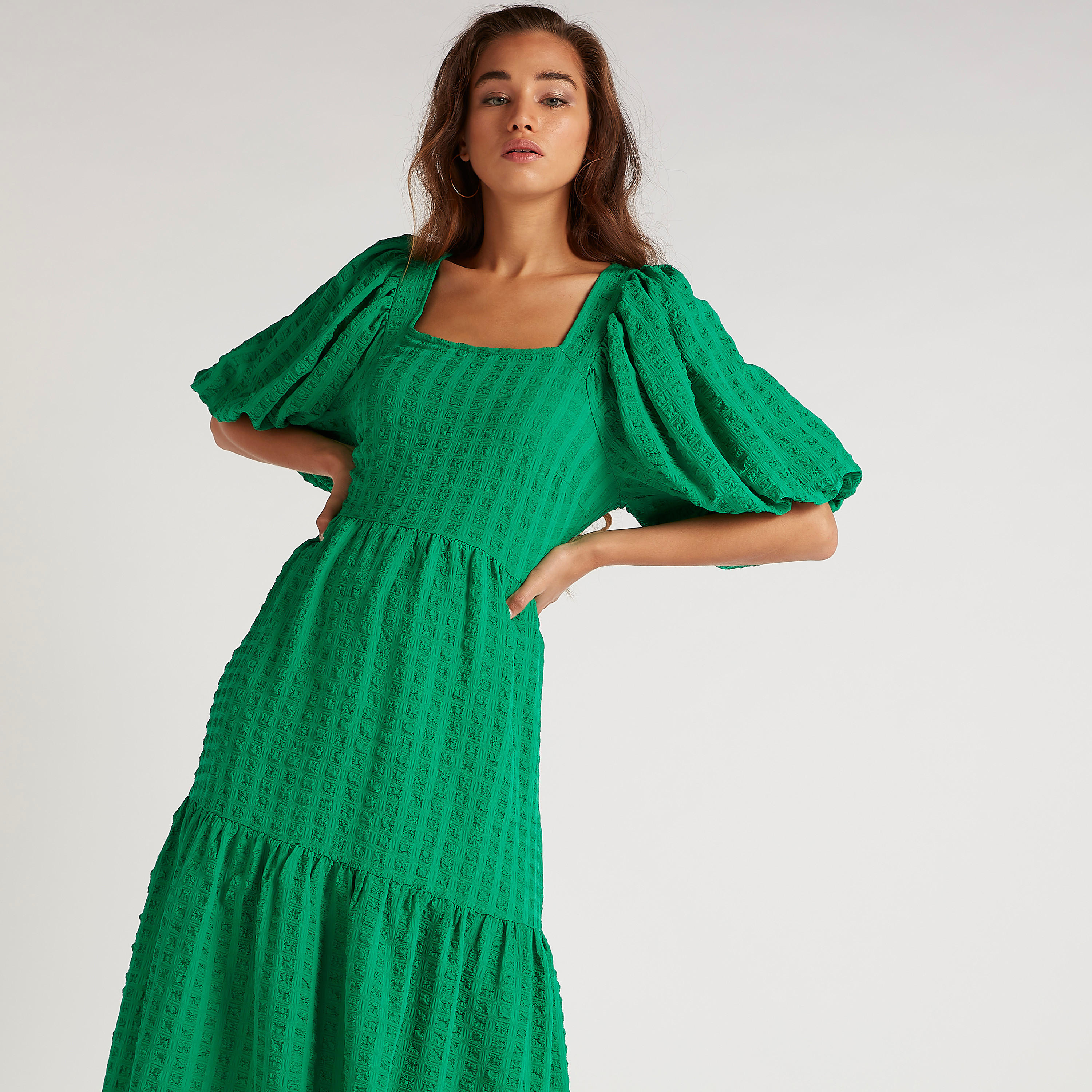 فستان بارز الملمس بأكمام منفوخة وأربطة خلفية-women-clothing-dresses-image-5
