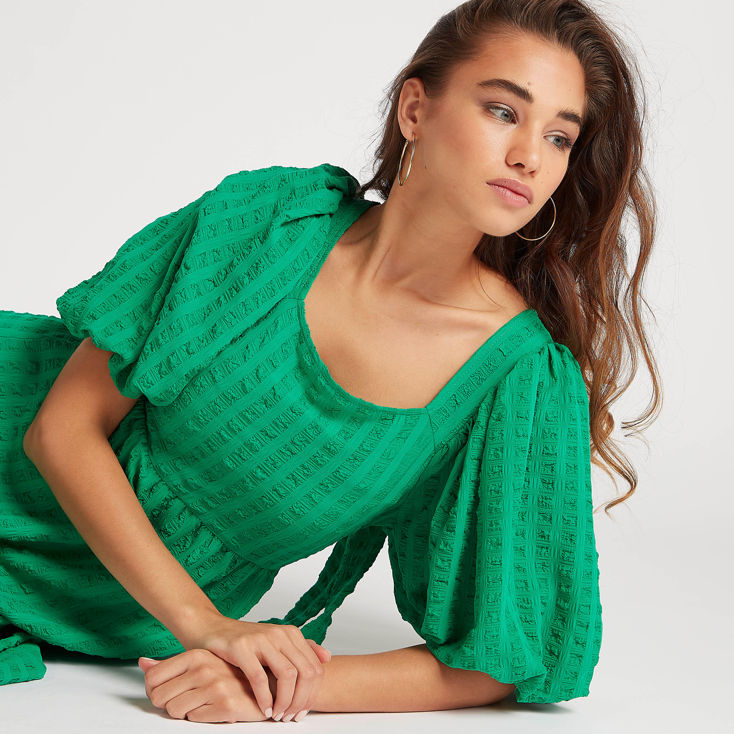 فستان بارز الملمس بأكمام منفوخة وأربطة خلفية-women-clothing-dresses-image-6