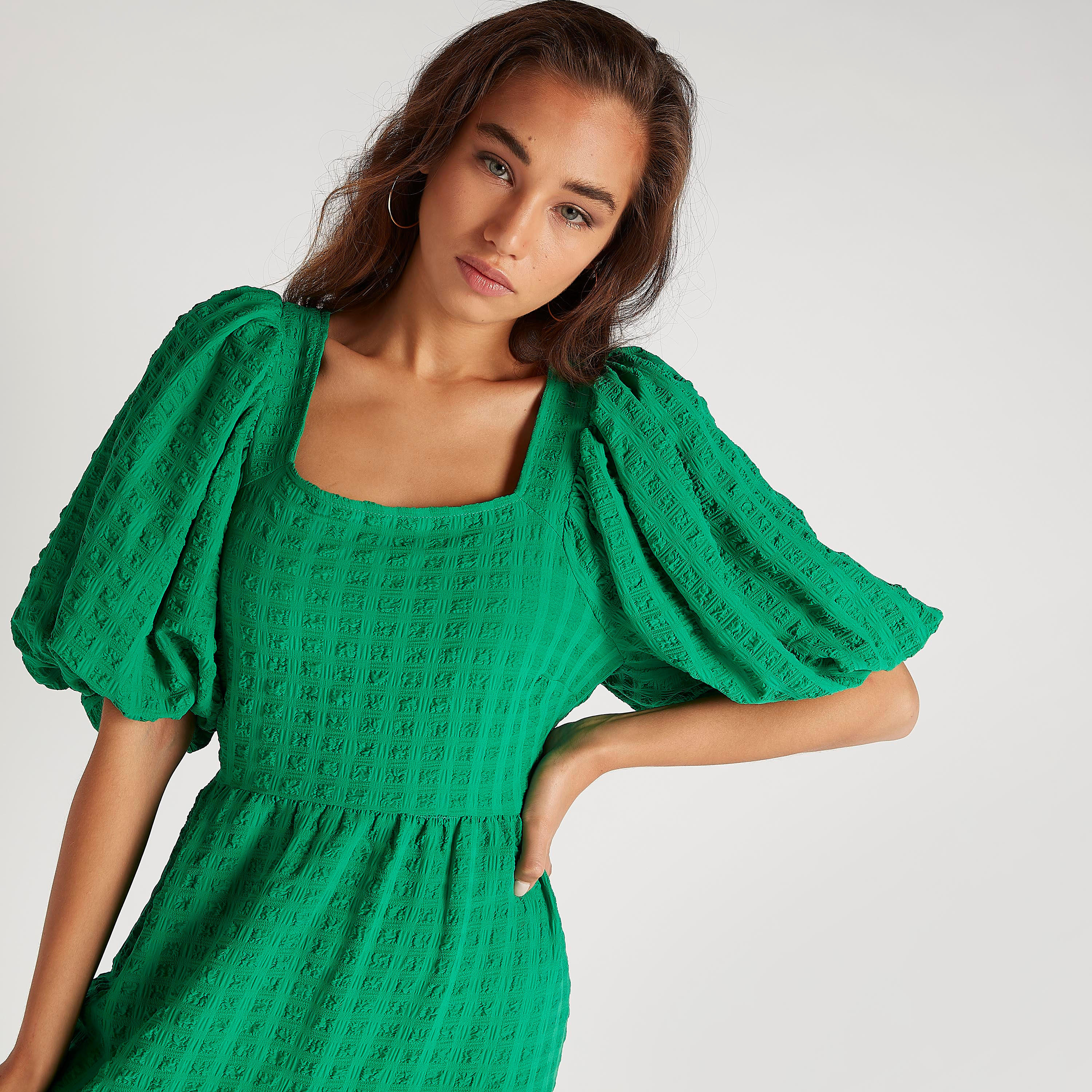 فستان بارز الملمس بأكمام منفوخة وأربطة خلفية-women-clothing-dresses-image-7