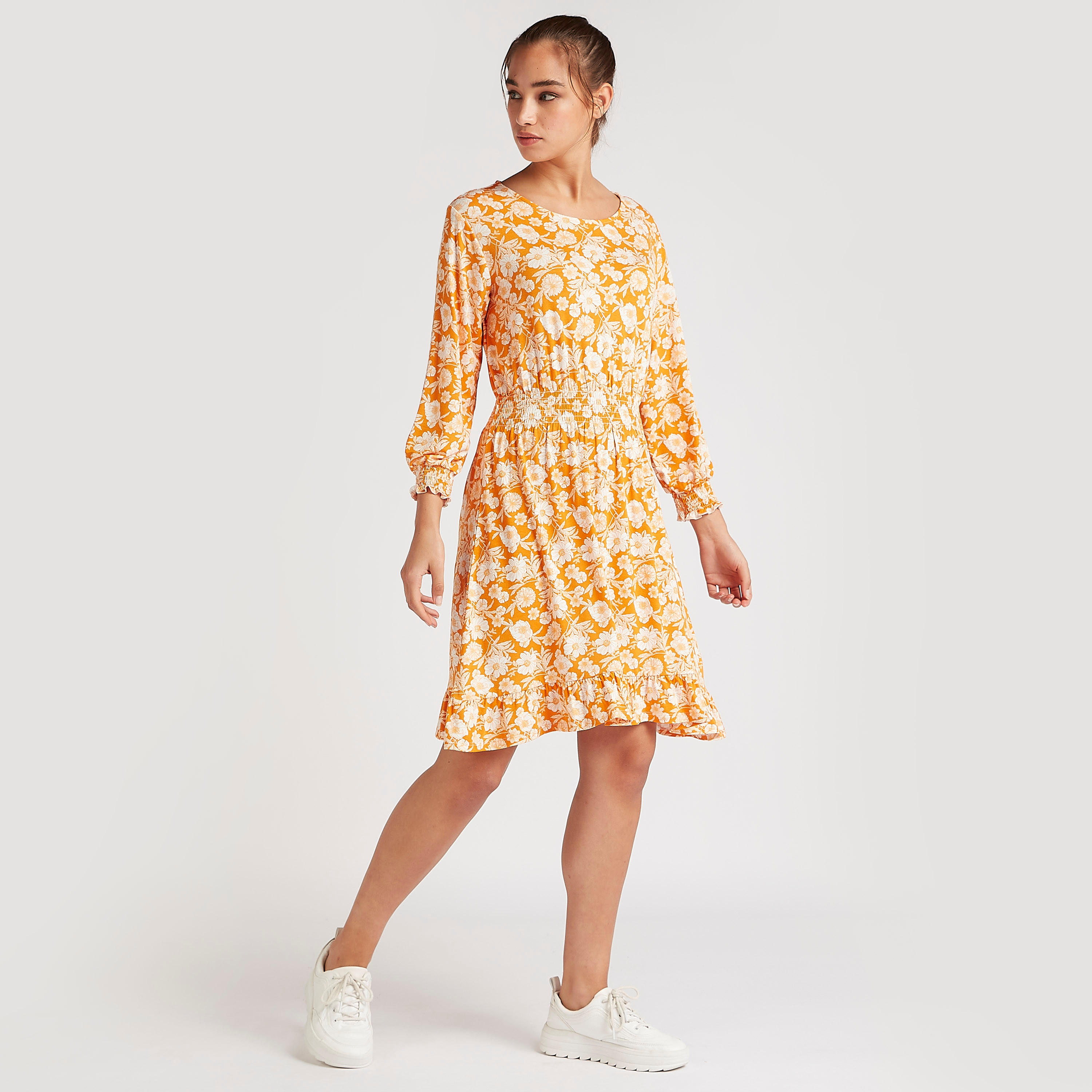 فستان قصير إيه لاين بطبعات أزهار بياقة مستديرة وأكمام طويلة-women-clothing-dresses-image-2