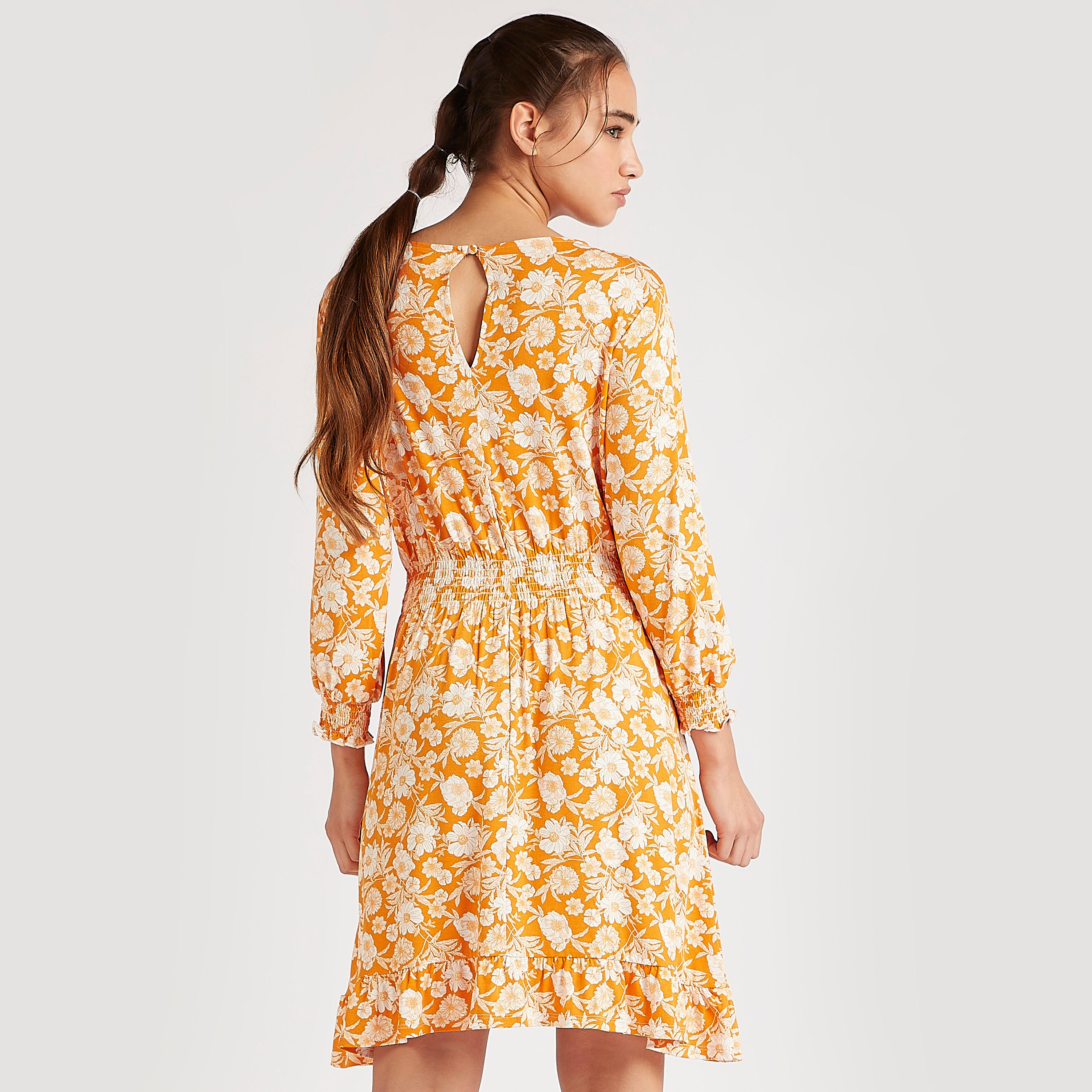فستان قصير إيه لاين بطبعات أزهار بياقة مستديرة وأكمام طويلة-women-clothing-dresses-image-4