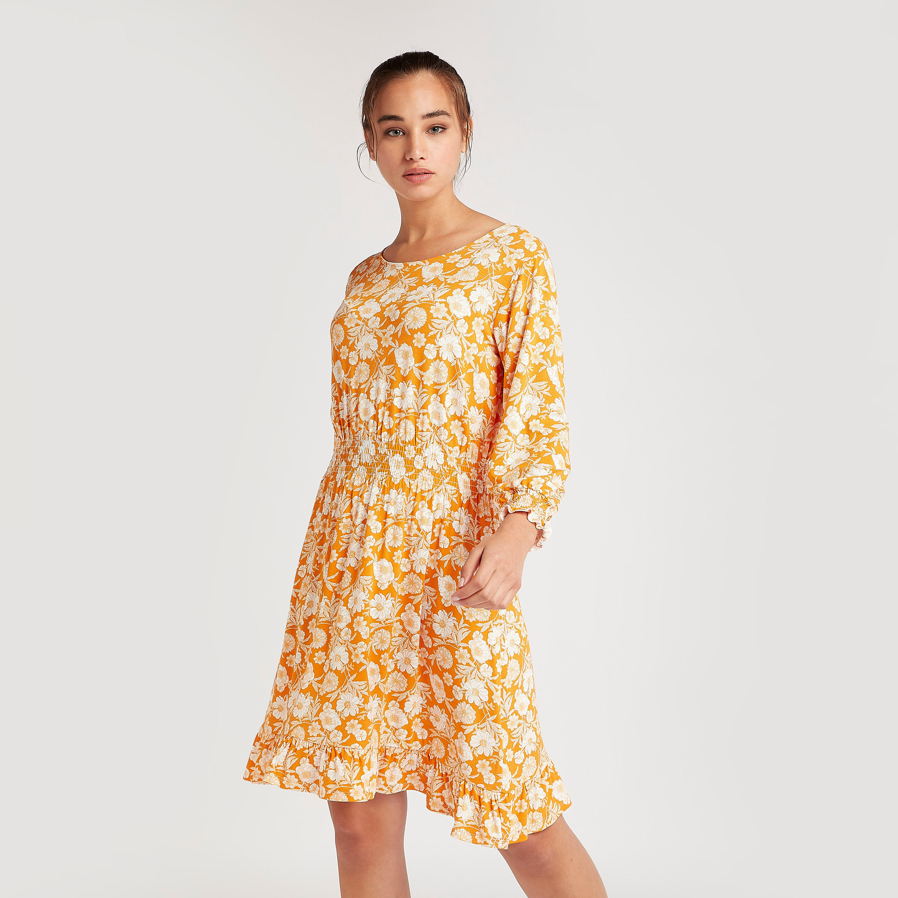 فستان قصير إيه لاين بطبعات أزهار بياقة مستديرة وأكمام طويلة-women-clothing-dresses-image-5