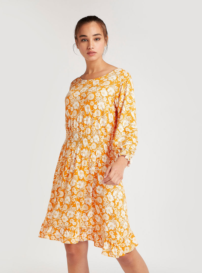 فستان قصير إيه لاين بطبعات أزهار بياقة مستديرة وأكمام طويلة-women-clothing-dresses-image-5