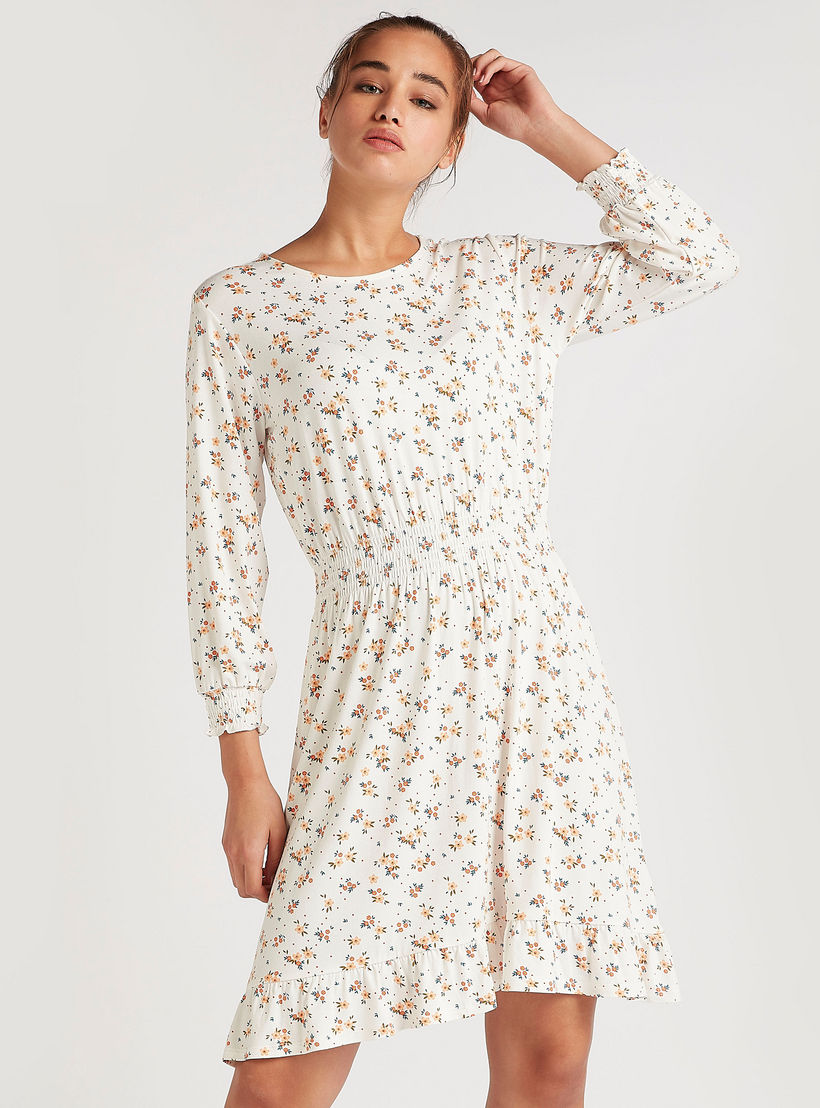 فستان قصير إيه لاين بطبعات أزهار وبأكمام طويلة وياقة مستديرة-women-clothing-dresses-image-1