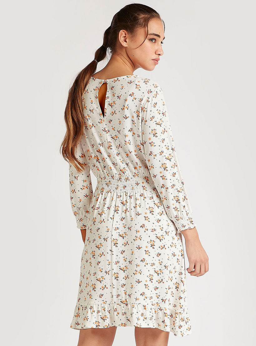 فستان قصير إيه لاين بطبعات أزهار وبأكمام طويلة وياقة مستديرة-women-clothing-dresses-image-4