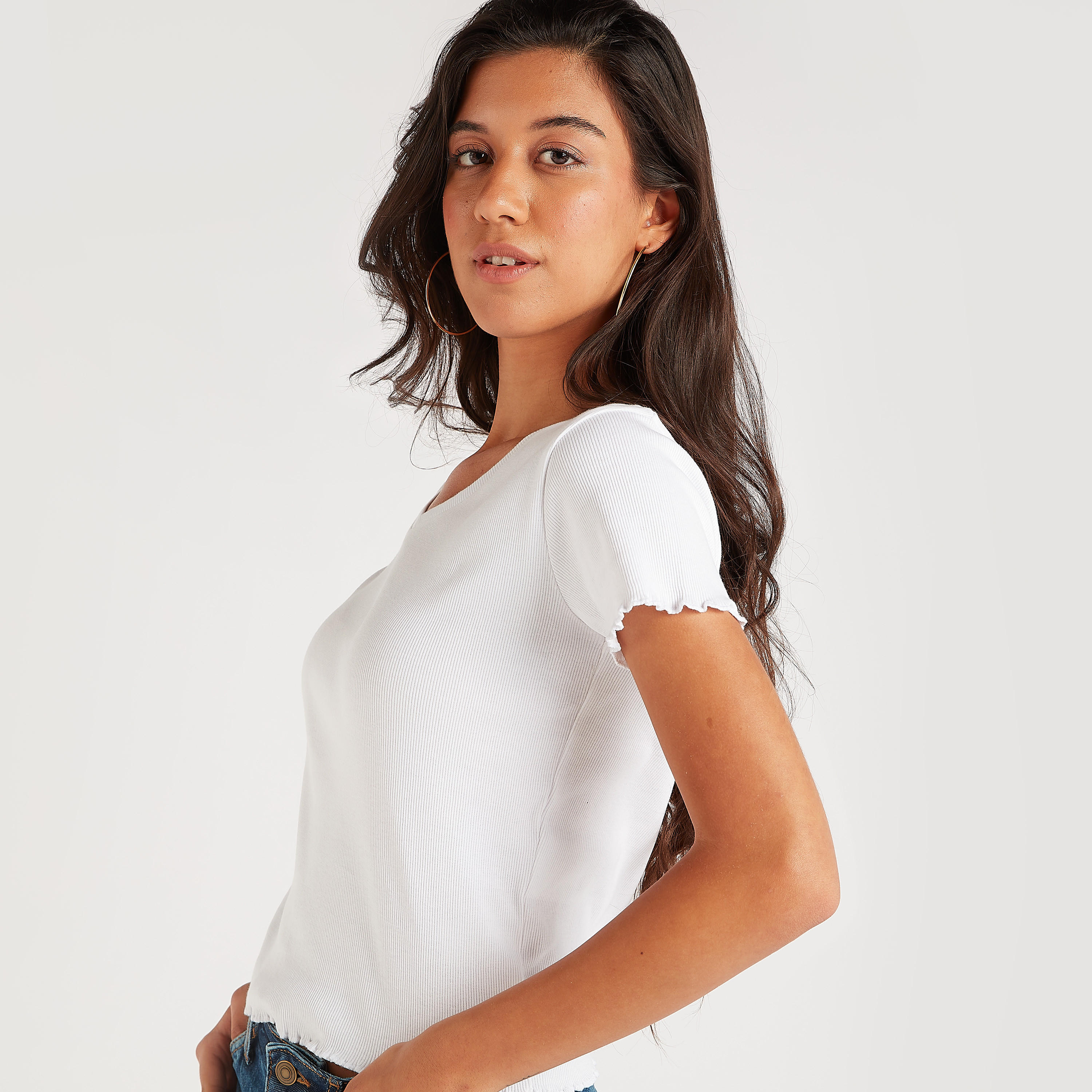Textured V-neck Crop T-shirt with Short Sleeves-women-clothing-tshirts-image-1
