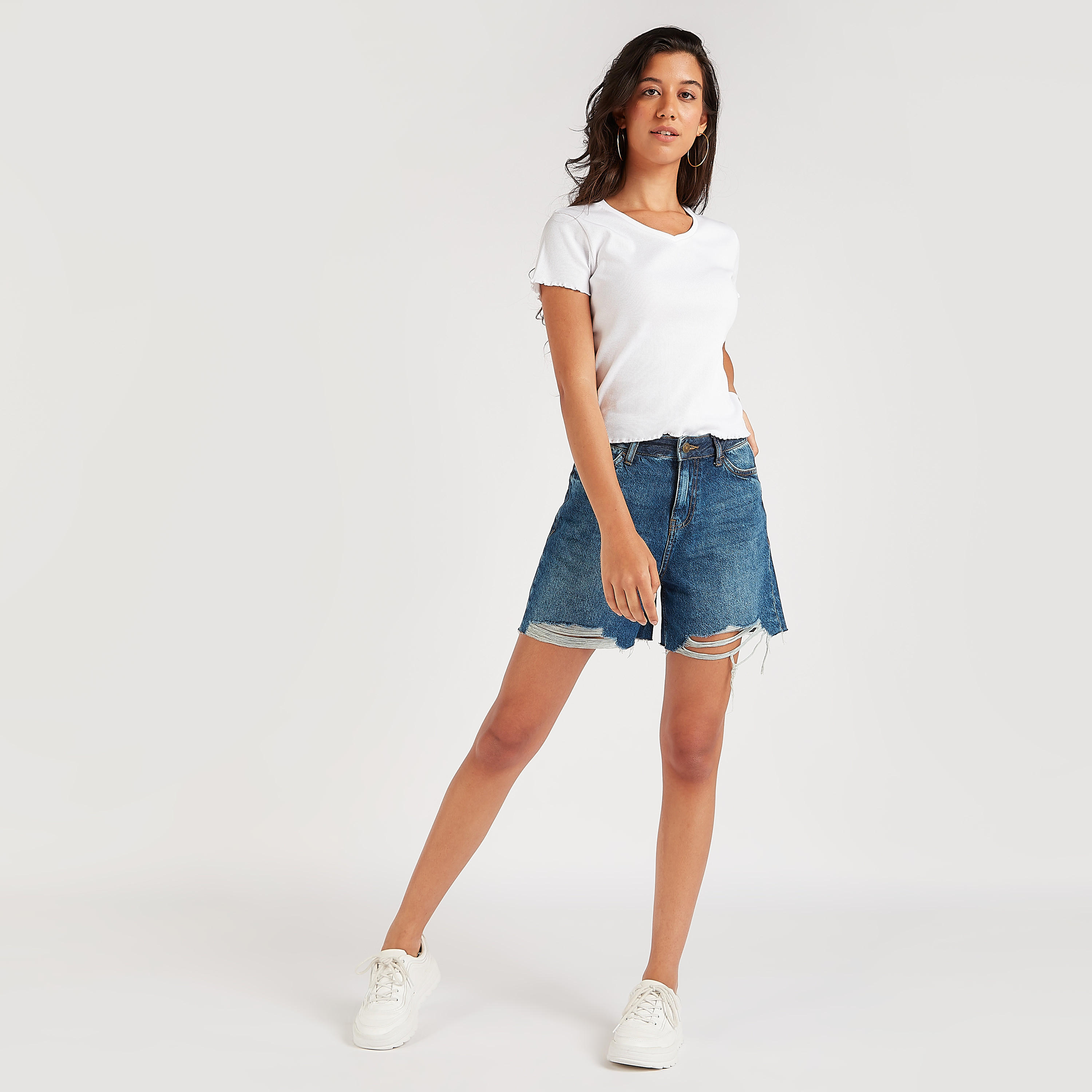 Textured V-neck Crop T-shirt with Short Sleeves-women-clothing-tshirts-image-2