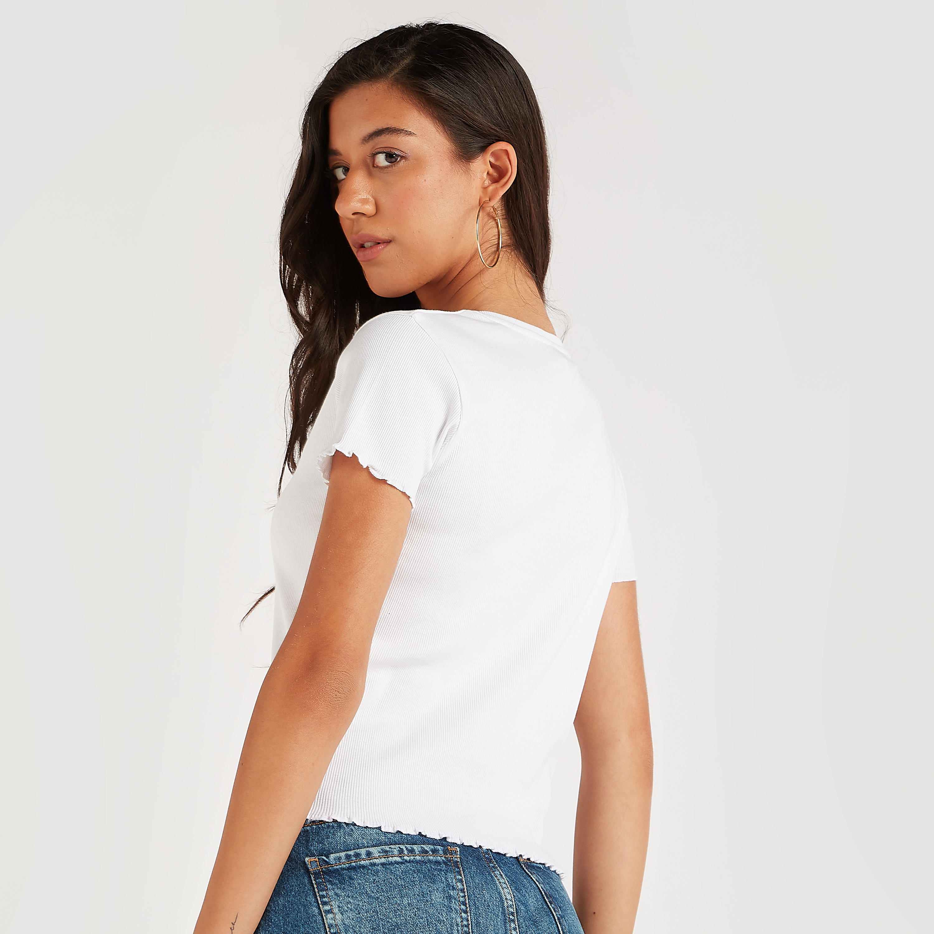Textured V-neck Crop T-shirt with Short Sleeves-women-clothing-tshirts-image-4