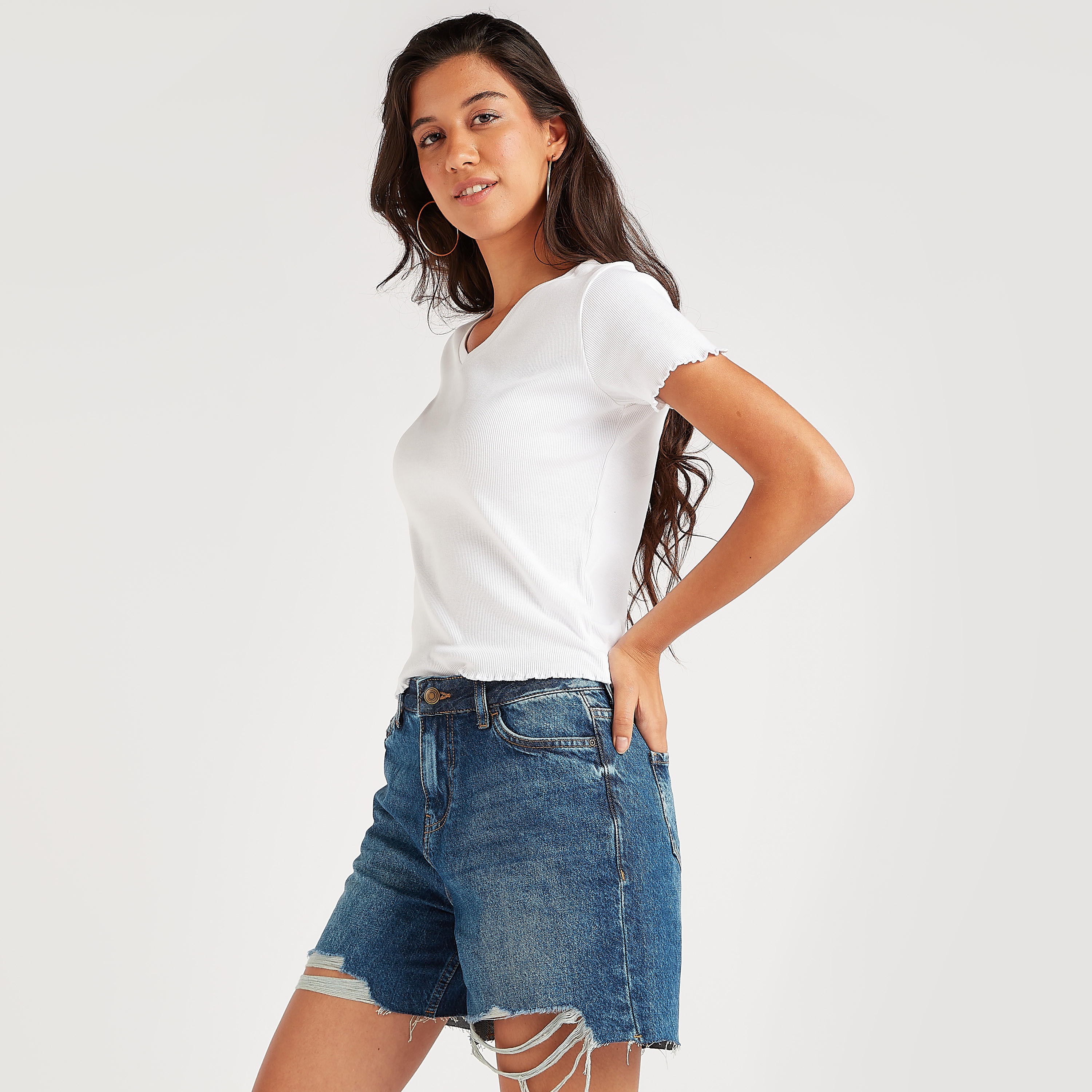 Textured V-neck Crop T-shirt with Short Sleeves-women-clothing-tshirts-image-5