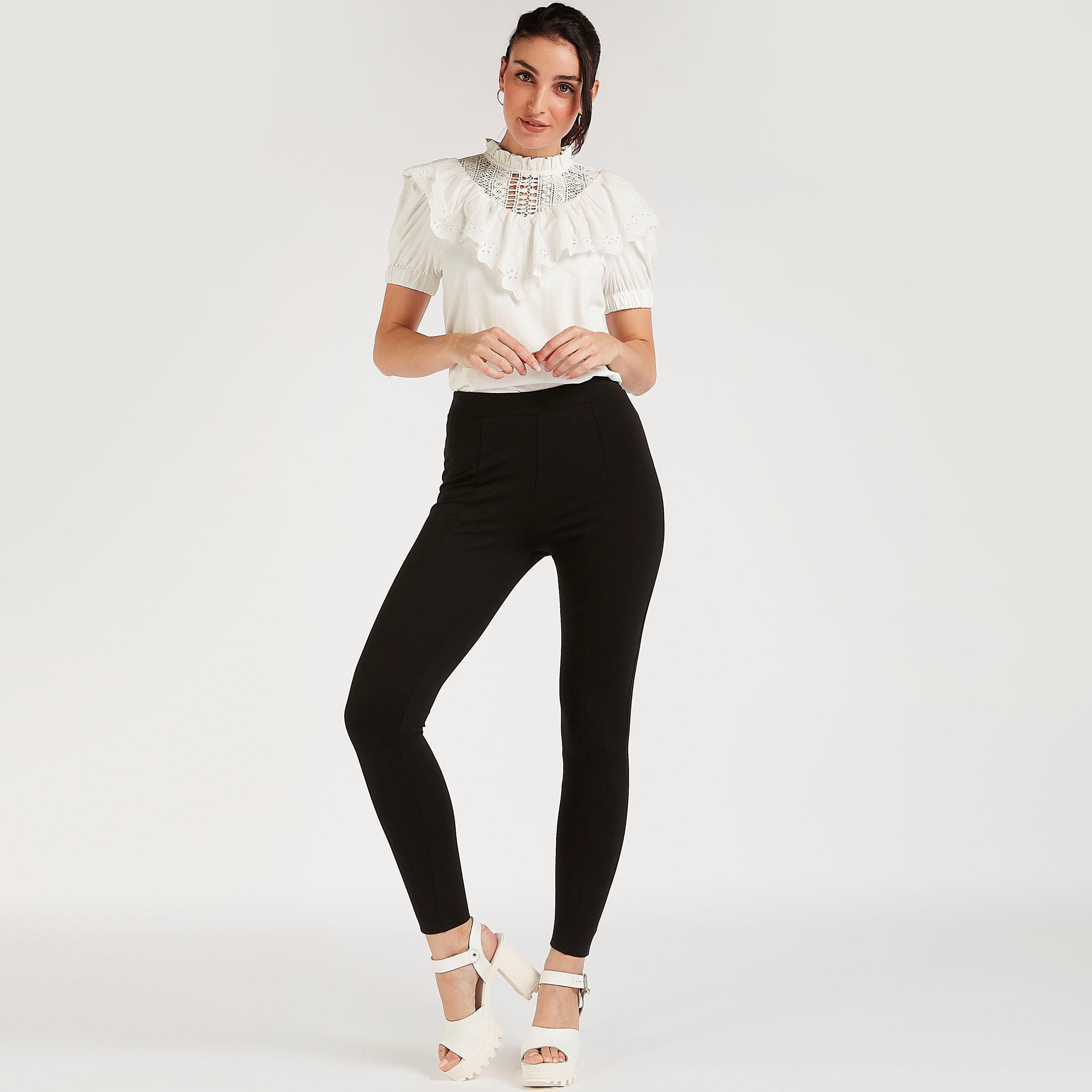بنطلون ليقنز سادة بقصة سكيني وخصر متوسط الارتفاع-women-clothing-bottoms-leggings-image-2