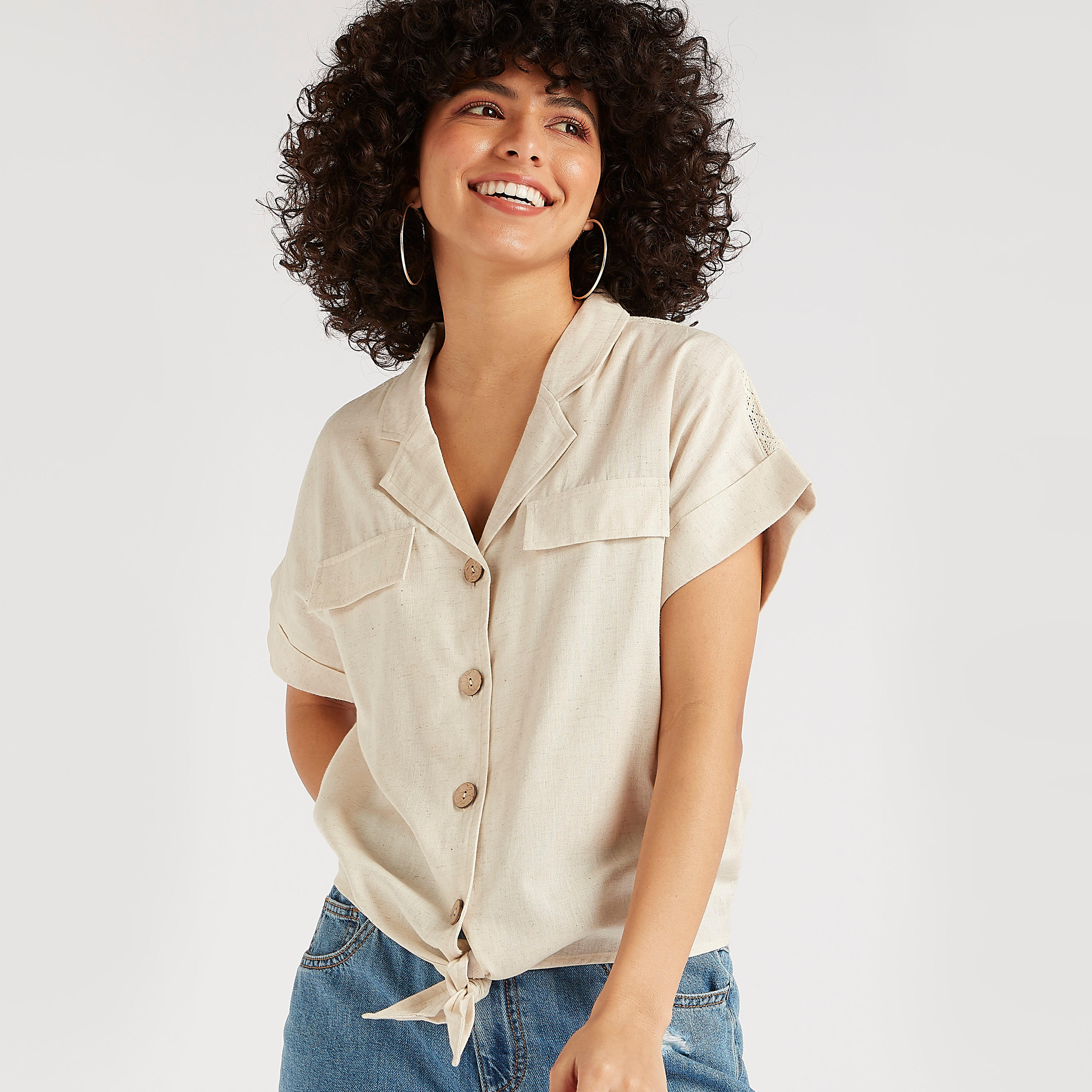 بلوزة سادة بياقة طويلة ورباط-women-clothing-shirtsandblouses-blouses-image-1