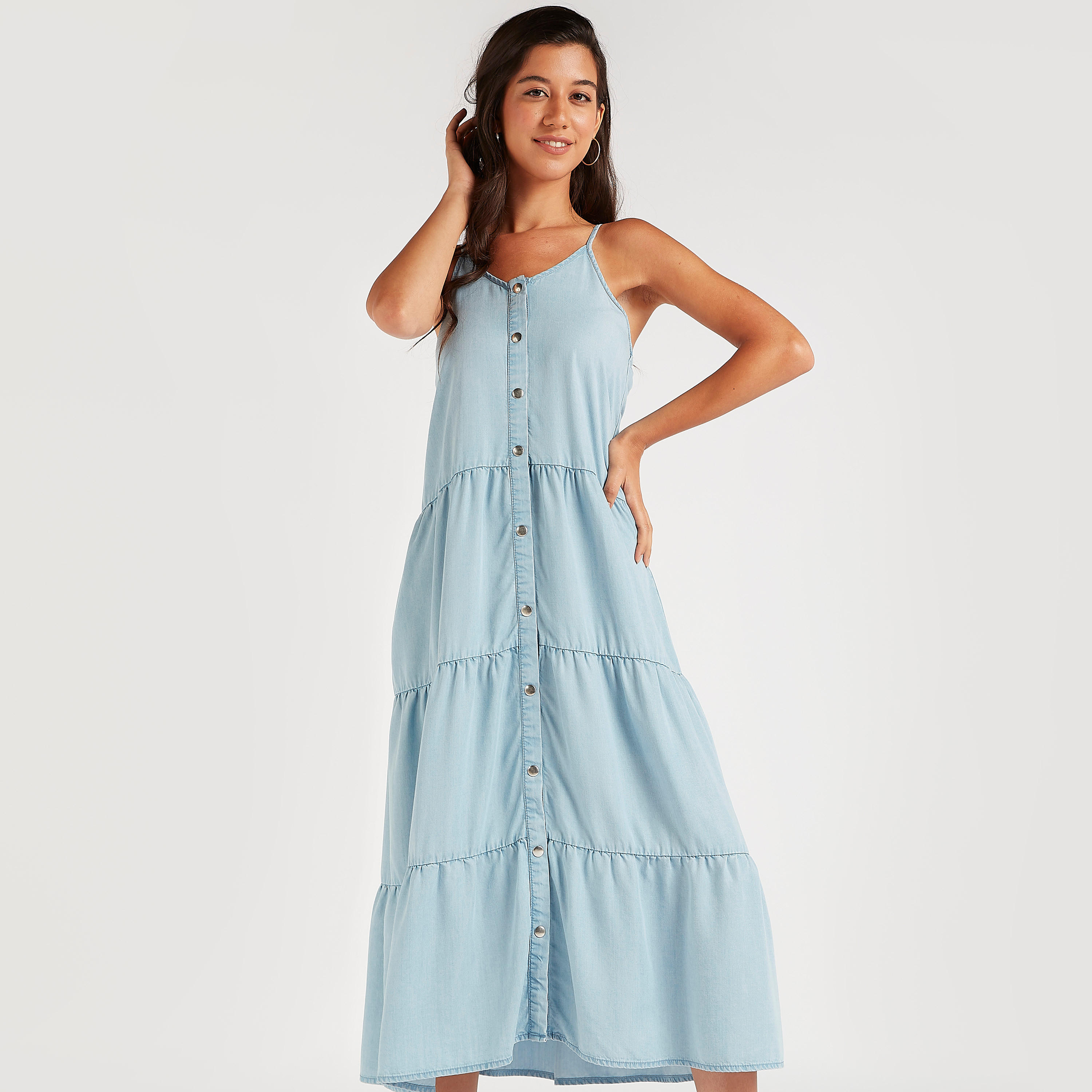 Solid Midi A-line Sleeveless Dress with Adjustable Straps-women-clothing-dresses-image-1