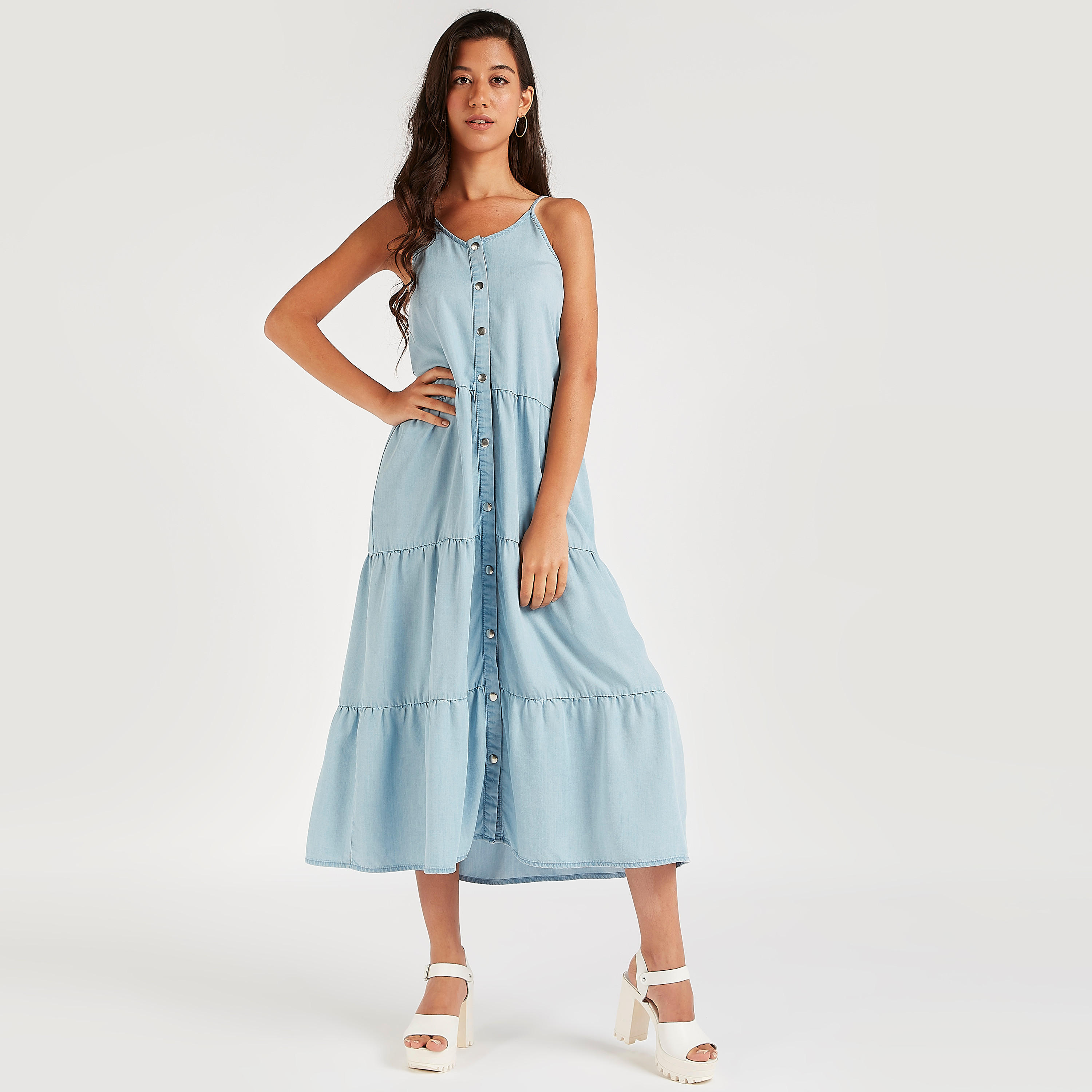 Solid Midi A-line Sleeveless Dress with Adjustable Straps-women-clothing-dresses-image-2