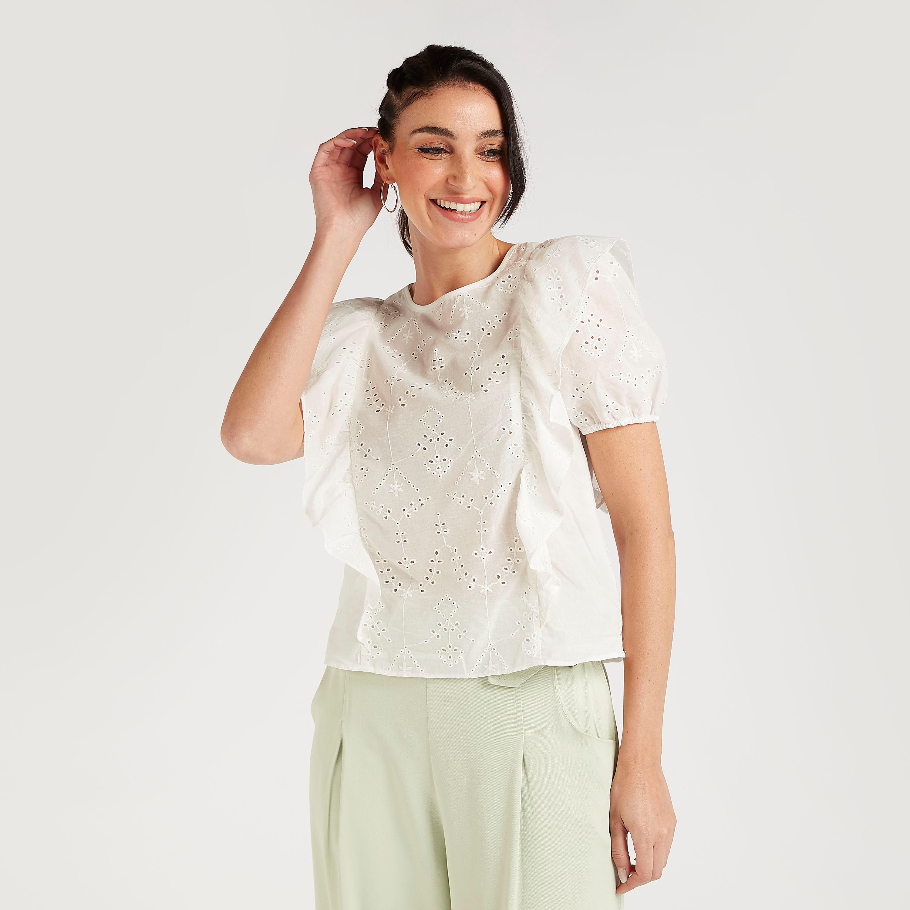 Textured Top with Ruffle Detail and Puff Sleeves-women-clothing-shirtsandblouses-blouses-image-7
