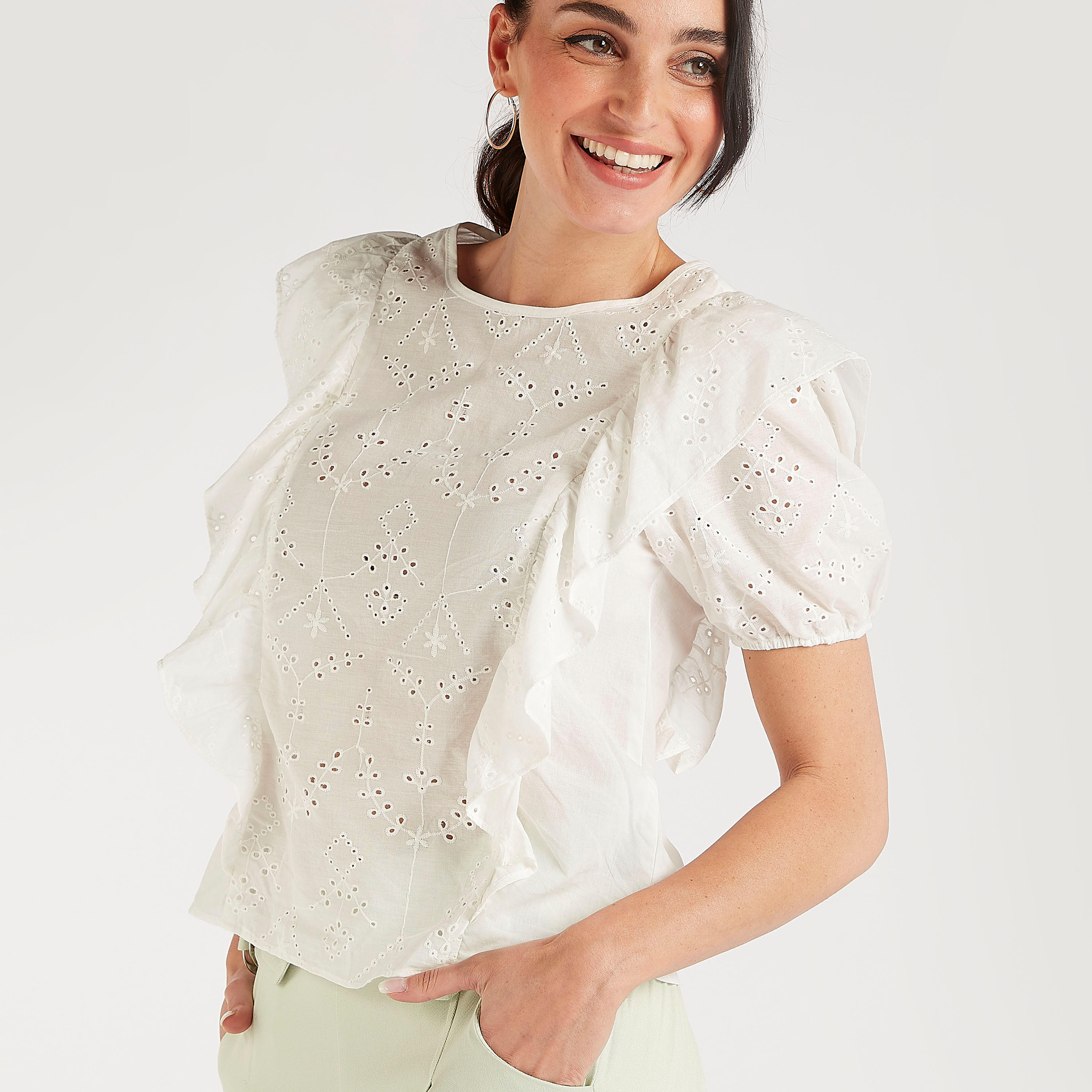Textured Top with Ruffle Detail and Puff Sleeves-women-clothing-shirtsandblouses-blouses-image-9