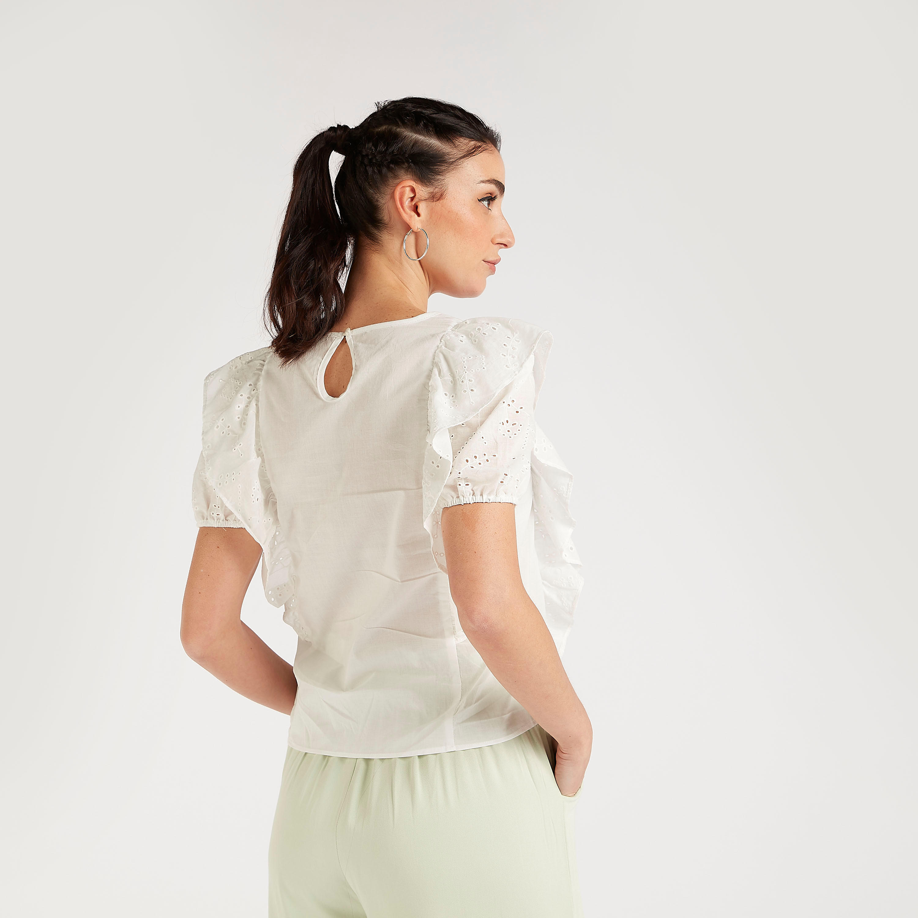Textured Top with Ruffle Detail and Puff Sleeves-women-clothing-shirtsandblouses-blouses-image-10