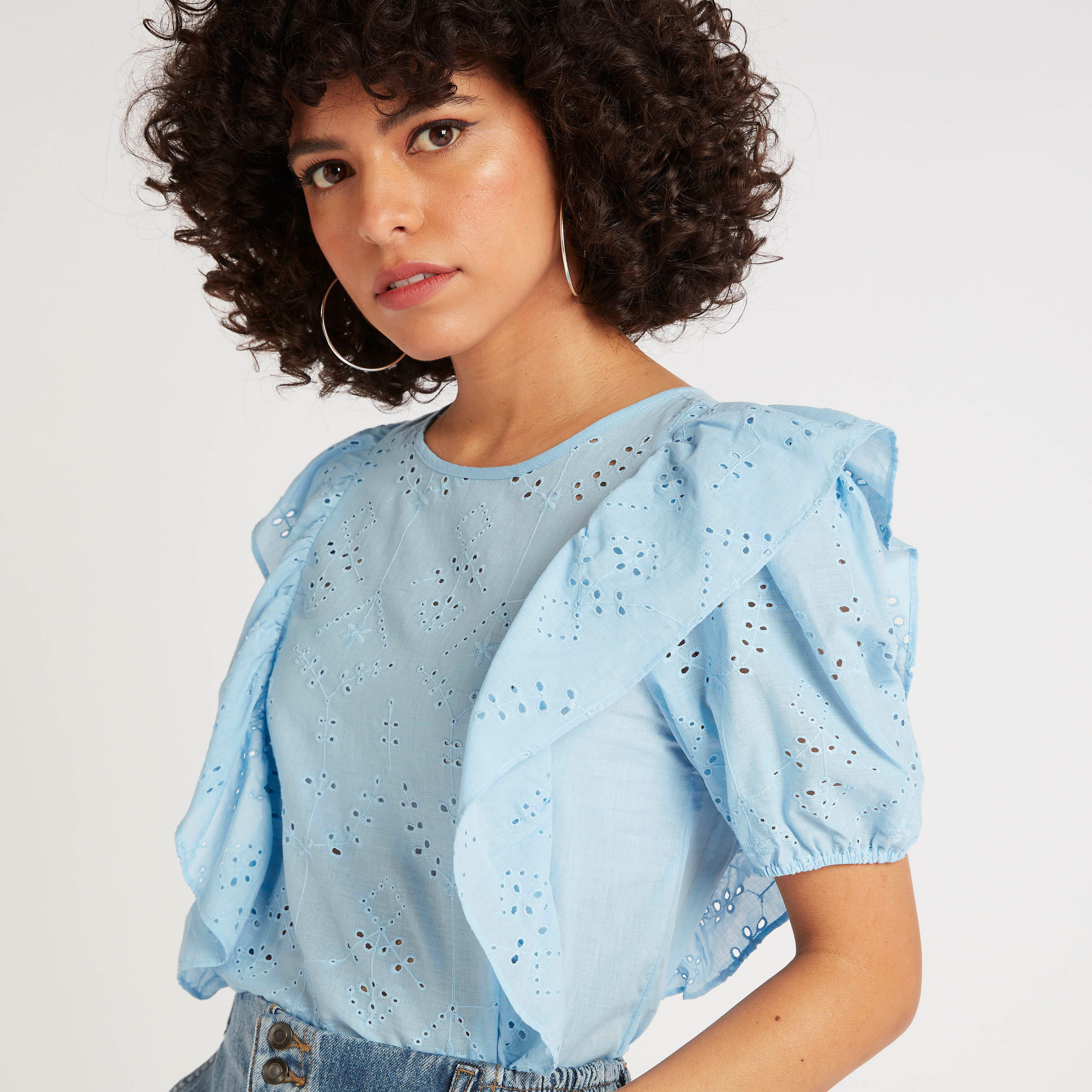 Textured Top with Ruffle Detail and Puff Sleeves-women-clothing-shirtsandblouses-blouses-image-1