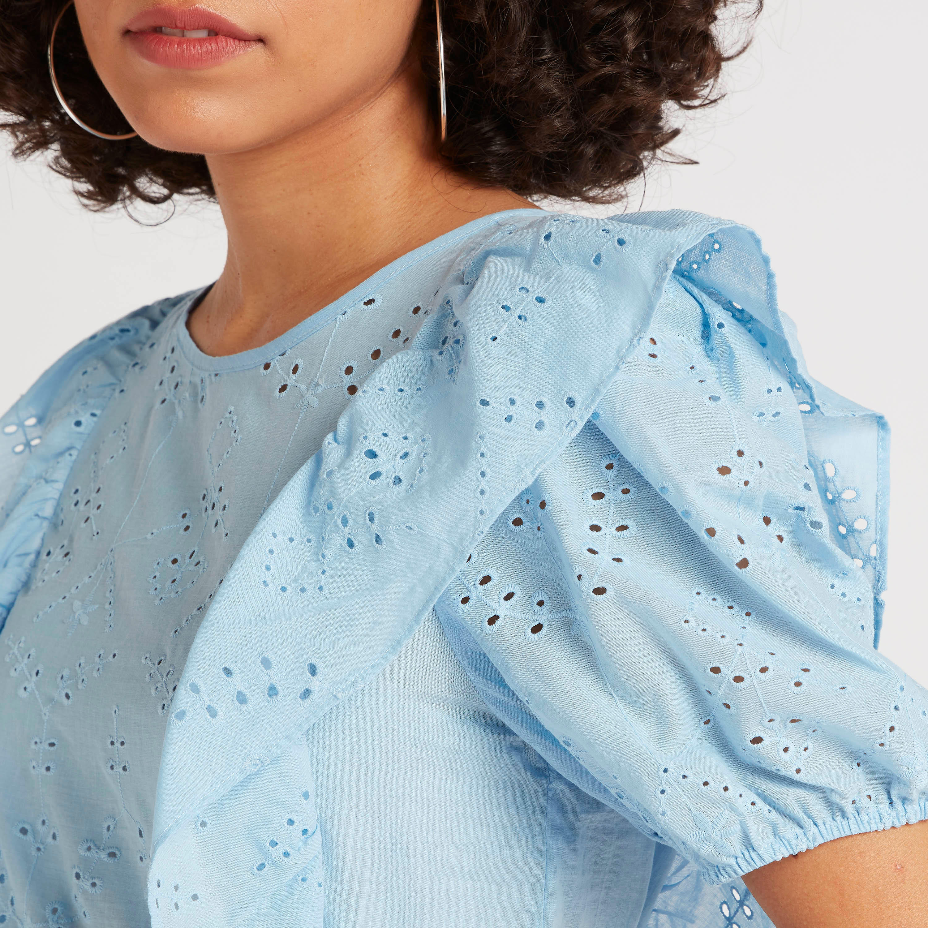Textured Top with Ruffle Detail and Puff Sleeves-women-clothing-shirtsandblouses-blouses-image-3