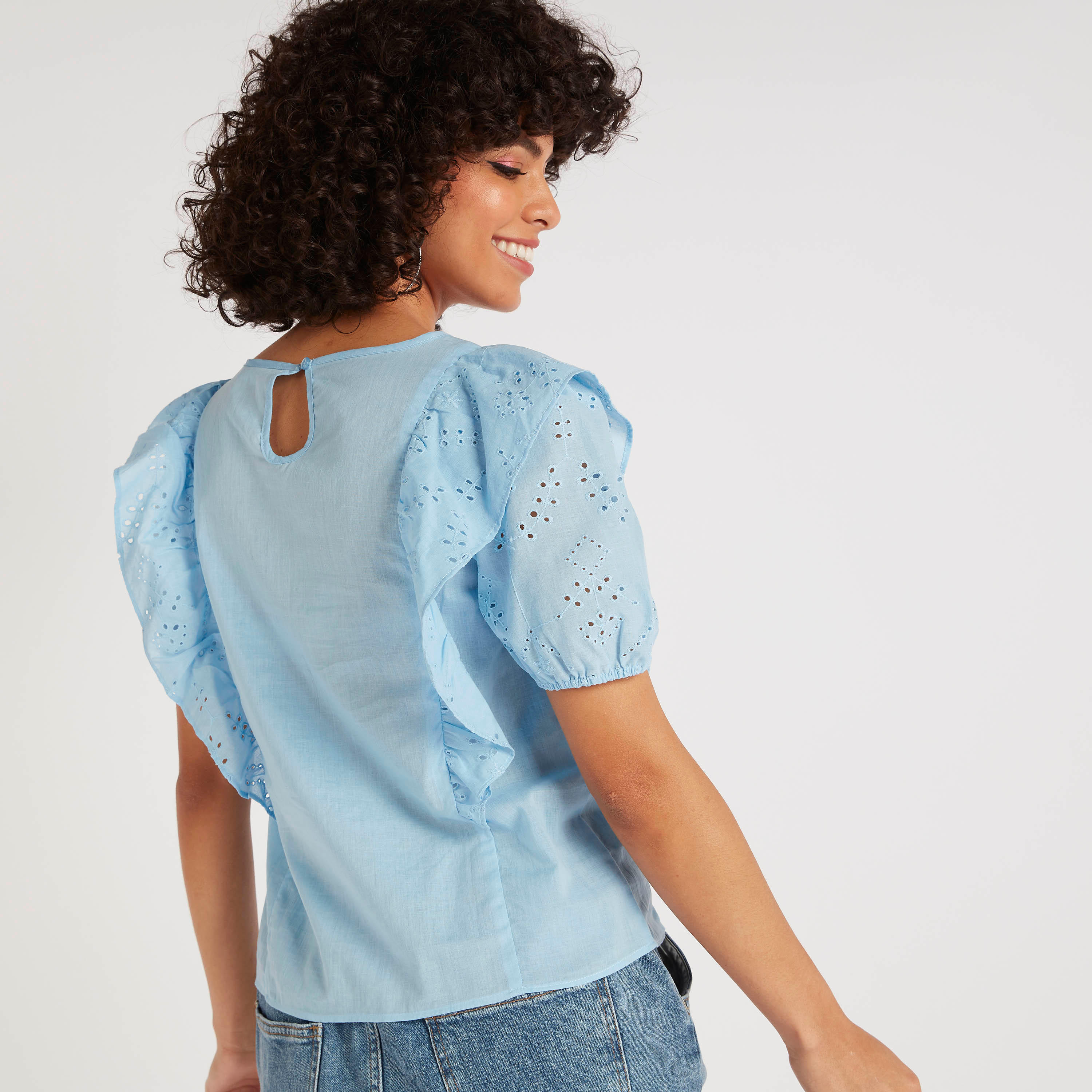 Textured Top with Ruffle Detail and Puff Sleeves-women-clothing-shirtsandblouses-blouses-image-4