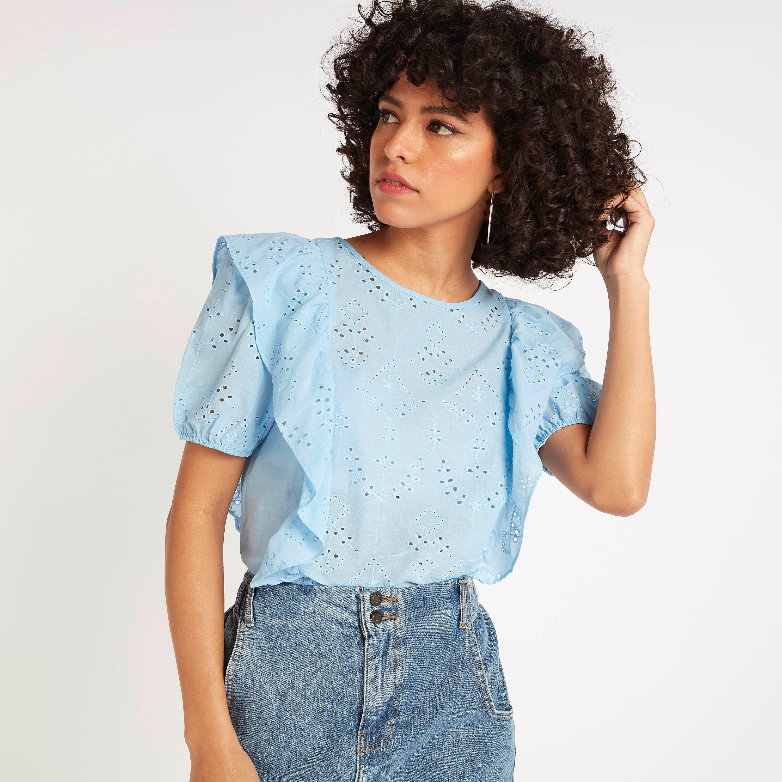 Textured Top with Ruffle Detail and Puff Sleeves-women-clothing-shirtsandblouses-blouses-image-6