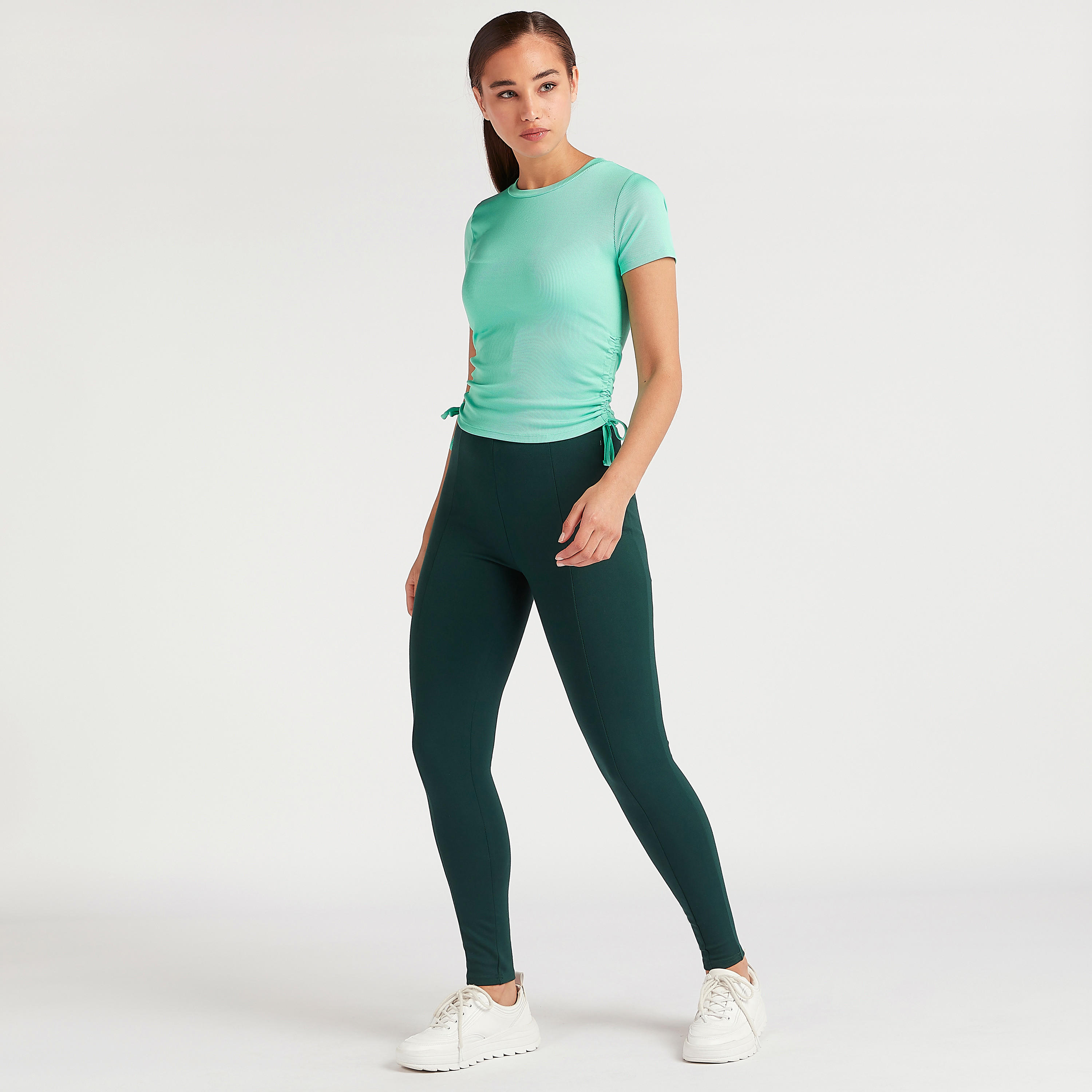 Textured Crew Neck T-shirt with Short Sleeves and Drawstring Detail-women-clothing-tshirts-image-2
