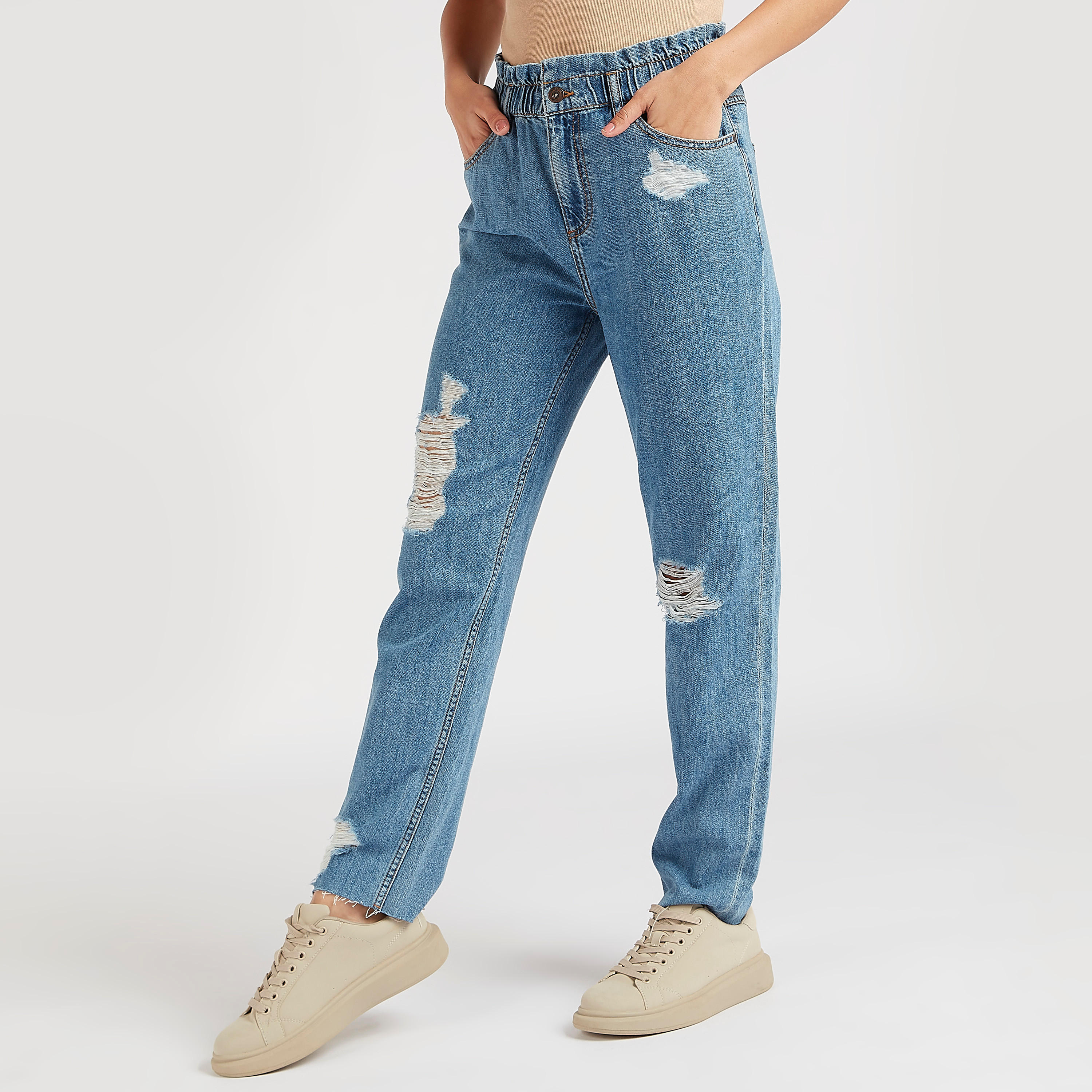 بنطلون دنيم مضلّع سادة بخصر مطاطي مرتفع-women-clothing-bottoms-jeans-image-6