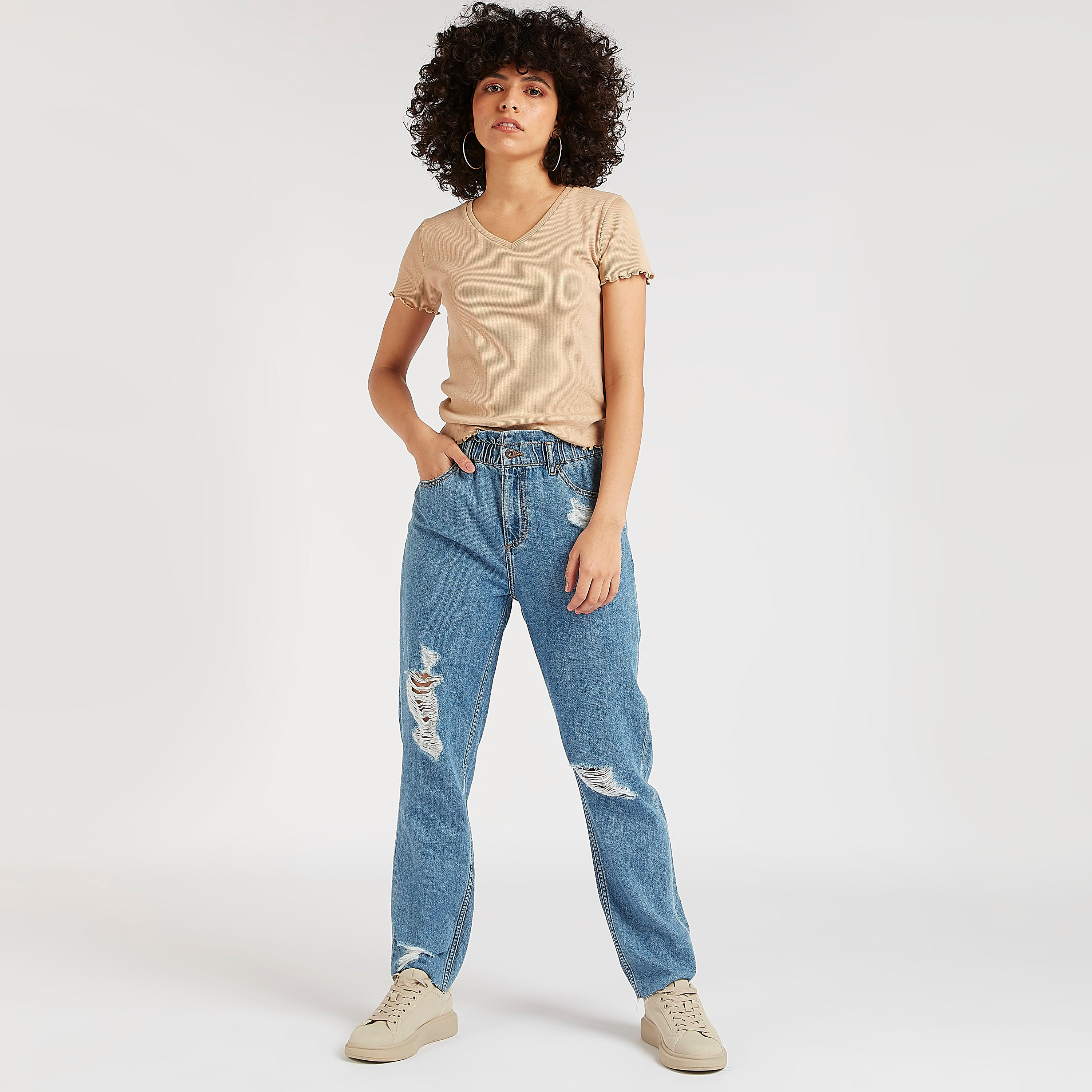 بنطلون دنيم مضلّع سادة بخصر مطاطي مرتفع-women-clothing-bottoms-jeans-image-5