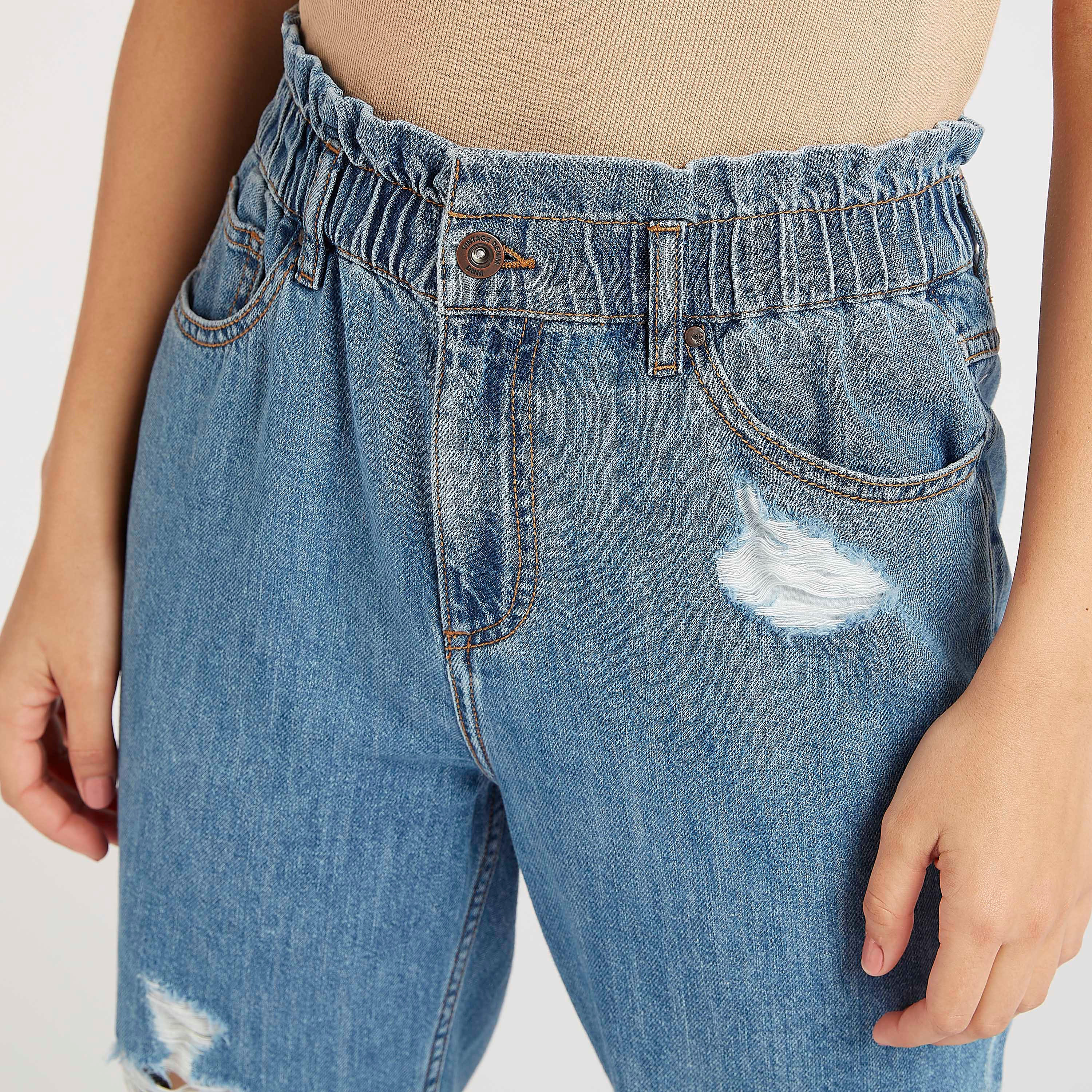 بنطلون دنيم مضلّع سادة بخصر مطاطي مرتفع-women-clothing-bottoms-jeans-image-4
