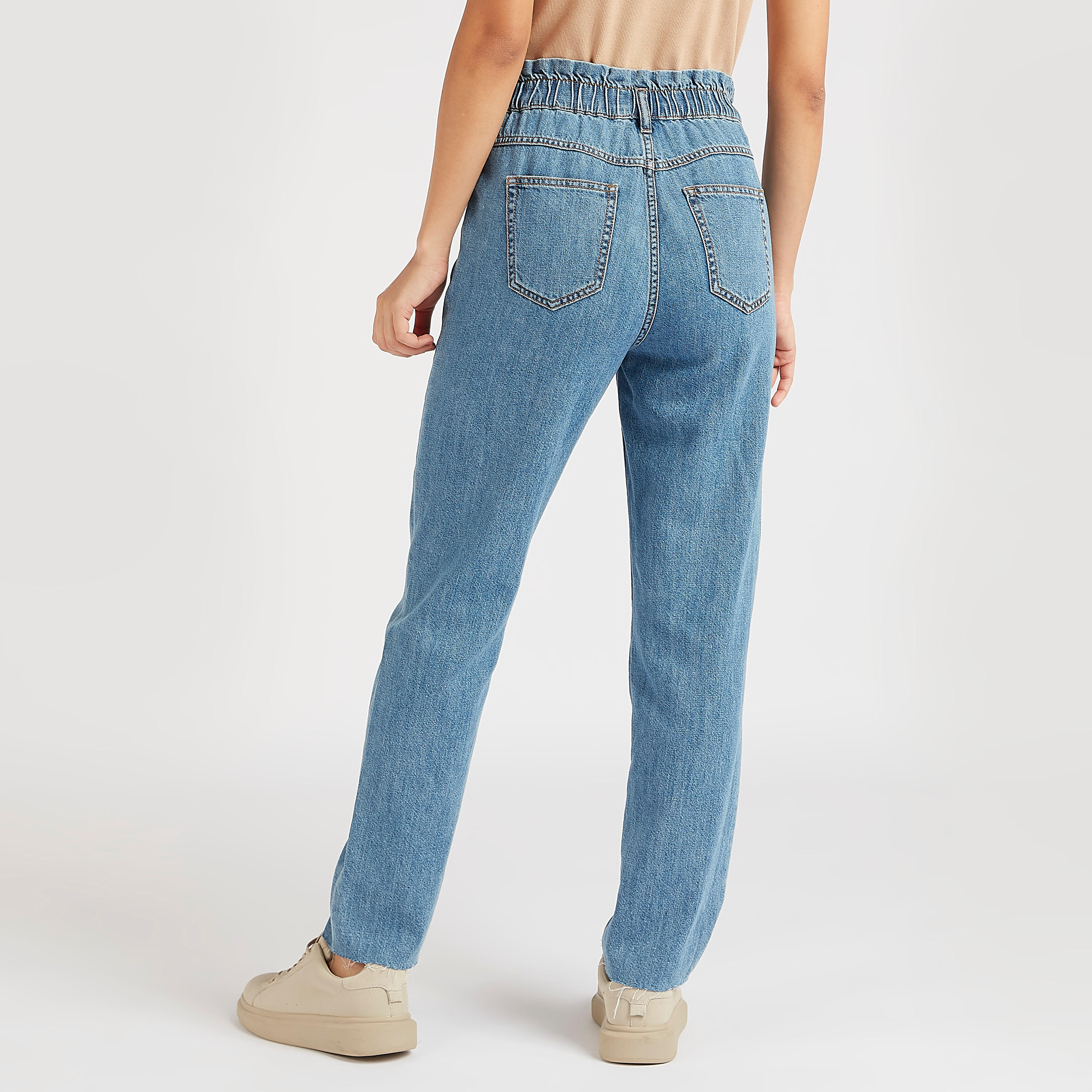 بنطلون دنيم مضلّع سادة بخصر مطاطي مرتفع-women-clothing-bottoms-jeans-image-3