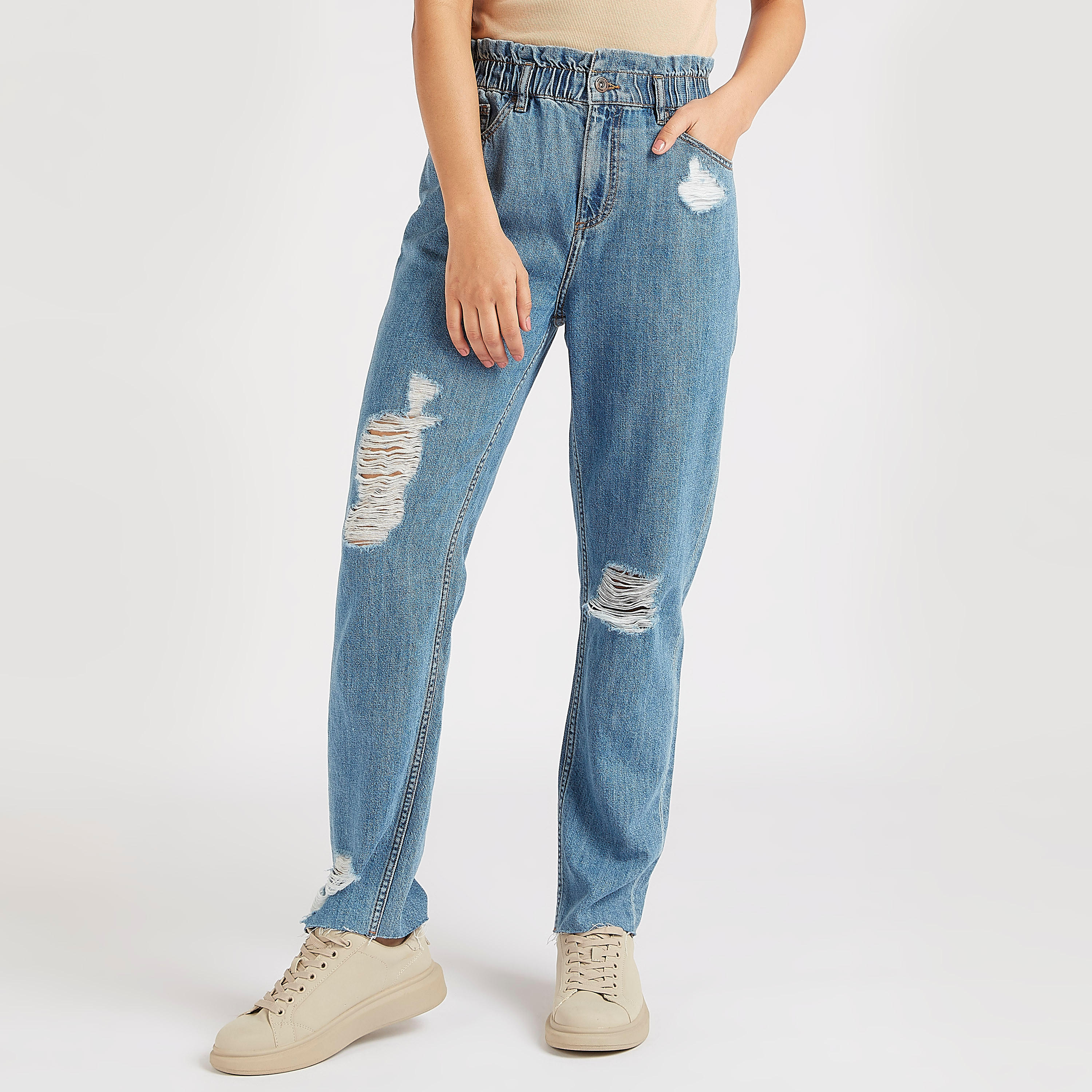 بنطلون دنيم مضلّع سادة بخصر مطاطي مرتفع-women-clothing-bottoms-jeans-image-2