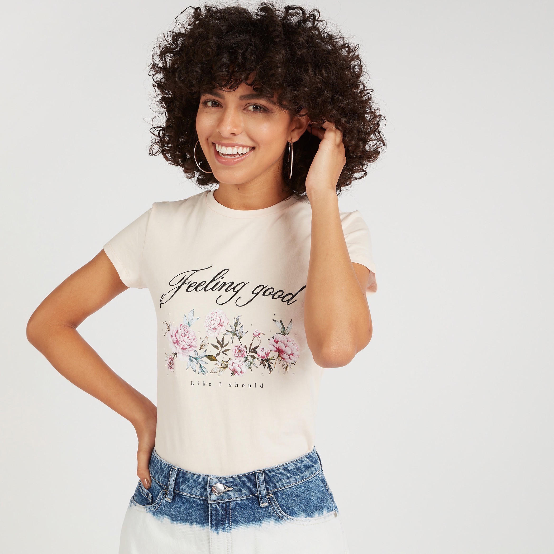 Printed Crew Neck T-shirt with Cap Sleeves-women-clothing-tshirts-image-1