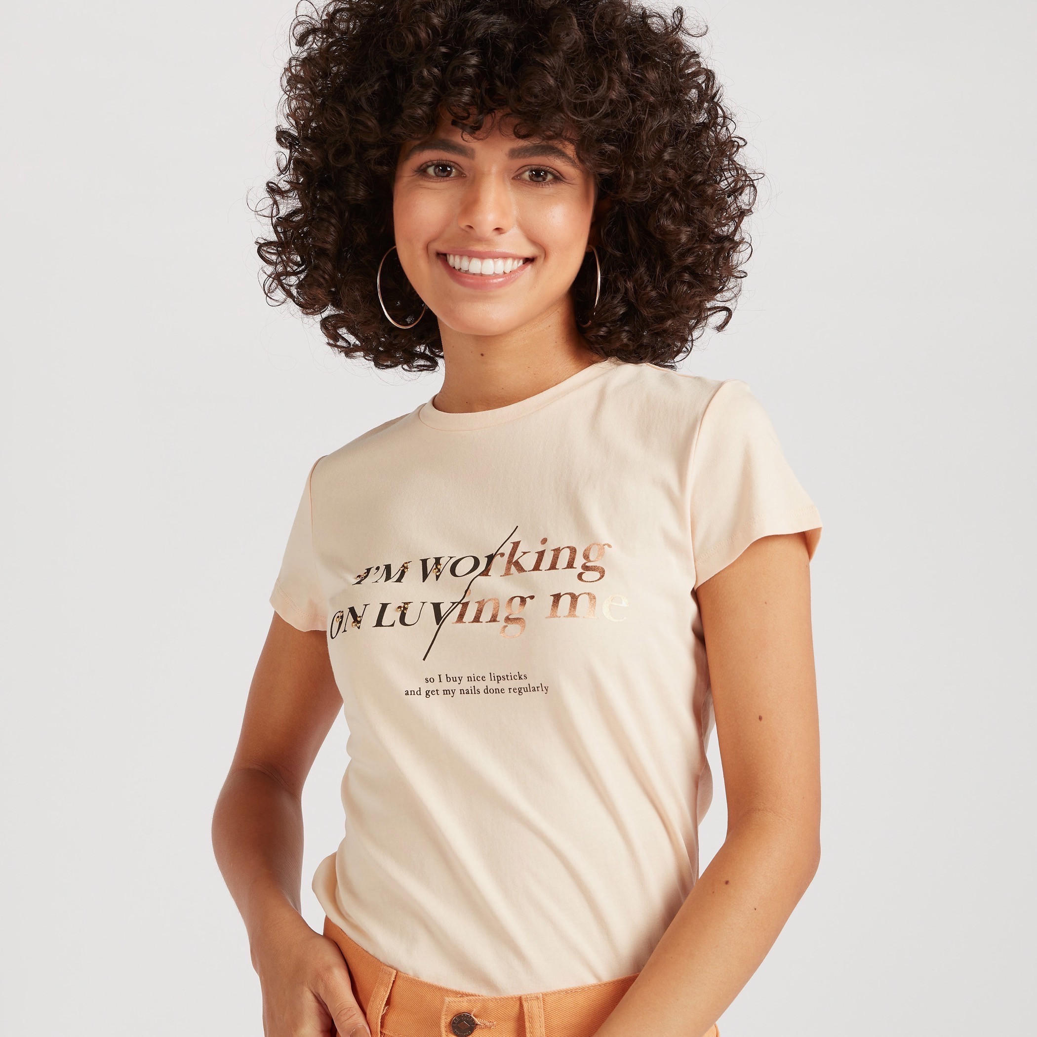 Slogan Print Crew Neck T-shirt with Cap Sleeves-women-clothing-tshirts-image-1