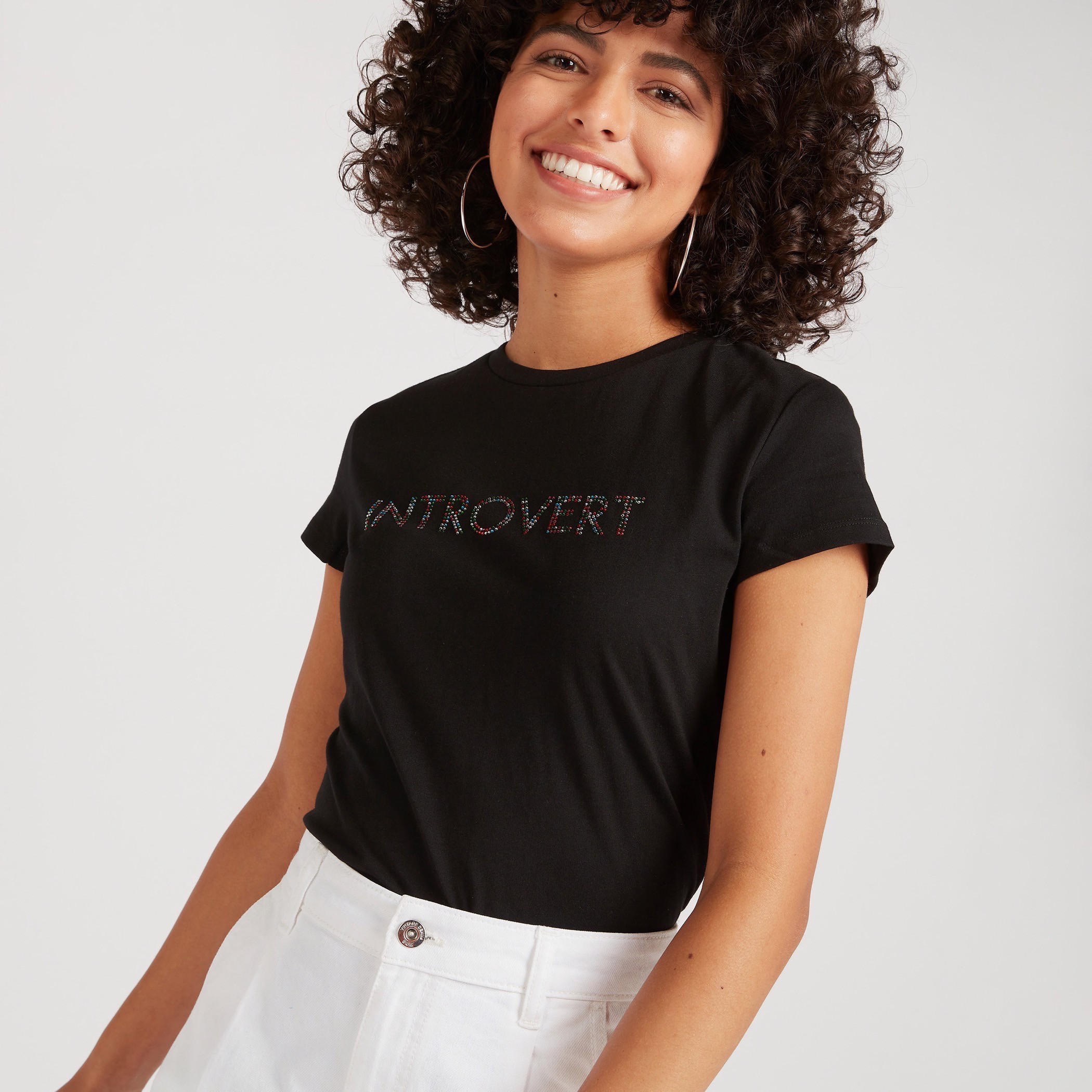 Embellished Crew Neck T-shirt with Cap Sleeves-women-clothing-tshirts-image-1