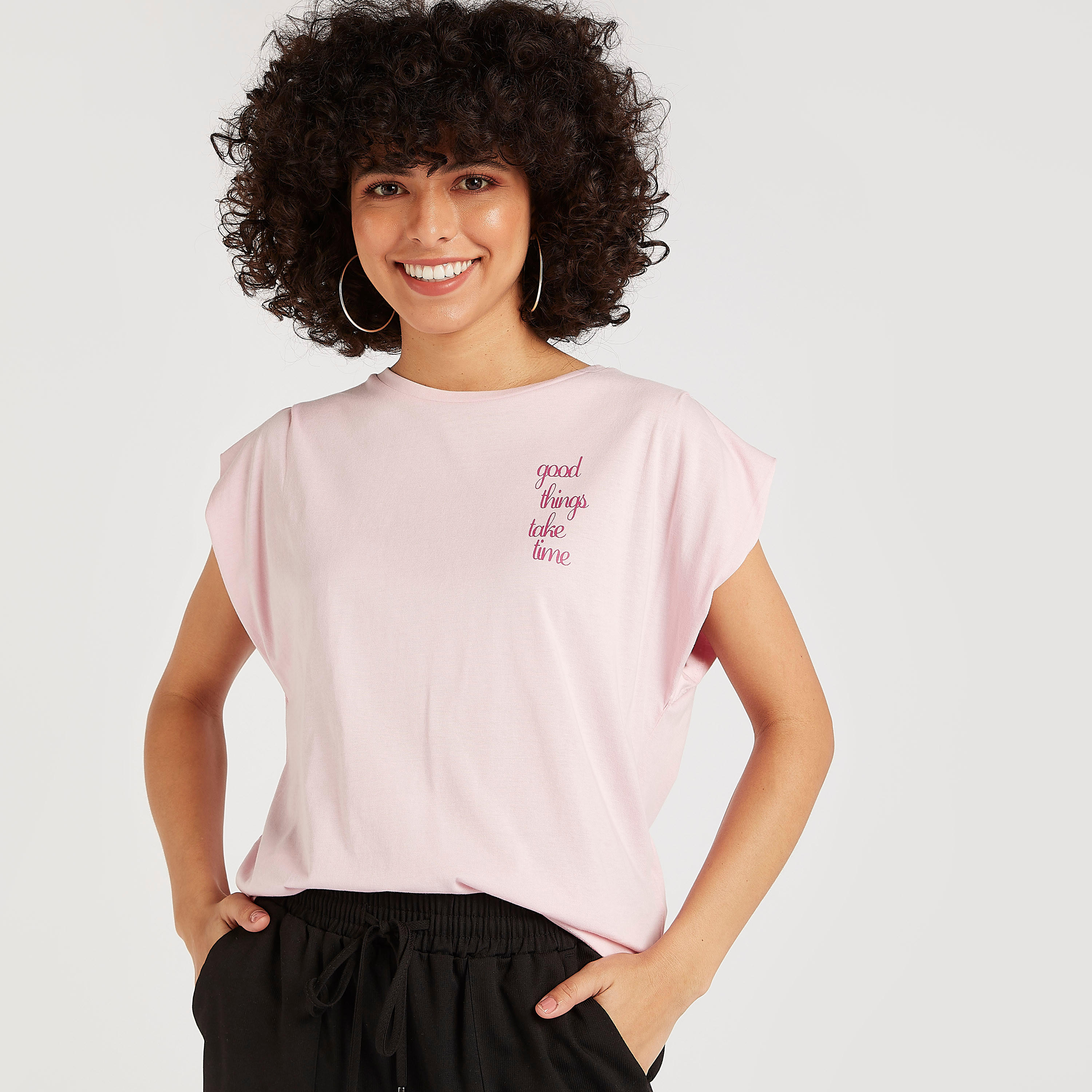Printed Crew Neck T-shirt with Cap Sleeves-women-clothing-tshirts-image-1