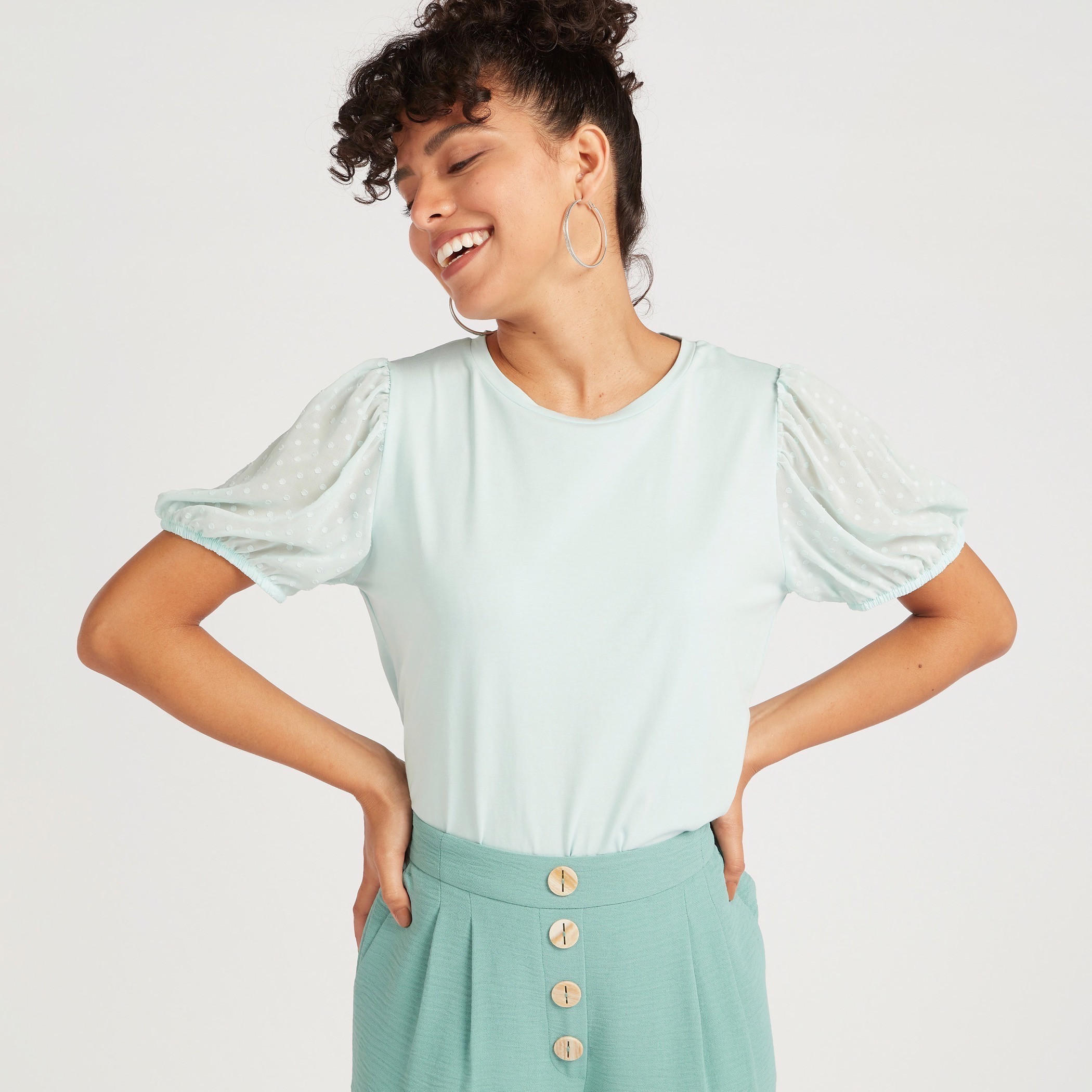 Solid Top with Crew Neck and Short Puff Sleeves-women-clothing-shirtsandblouses-blouses-image-1